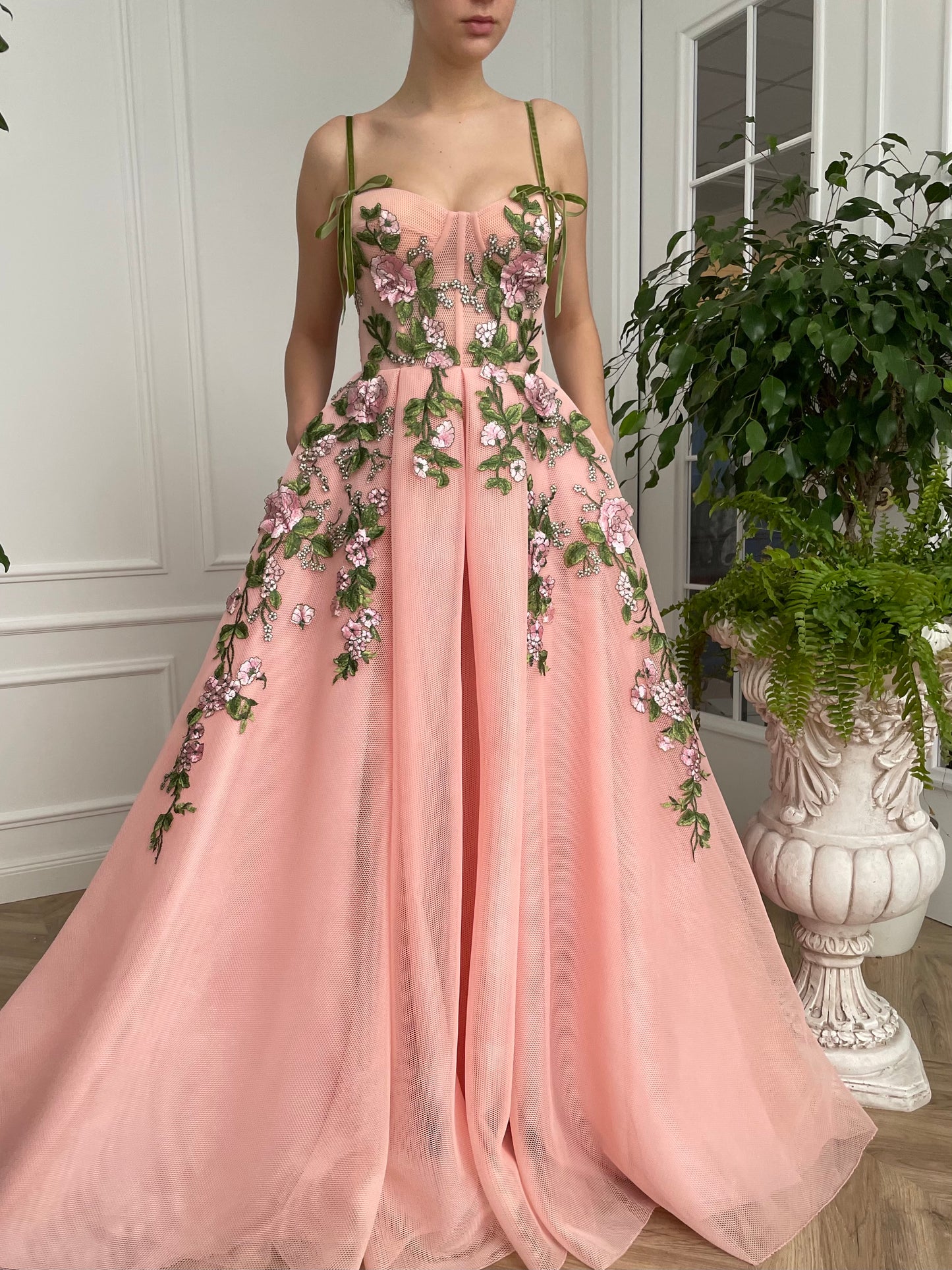 Pink A-Line dress with spaghetti straps and embroidery