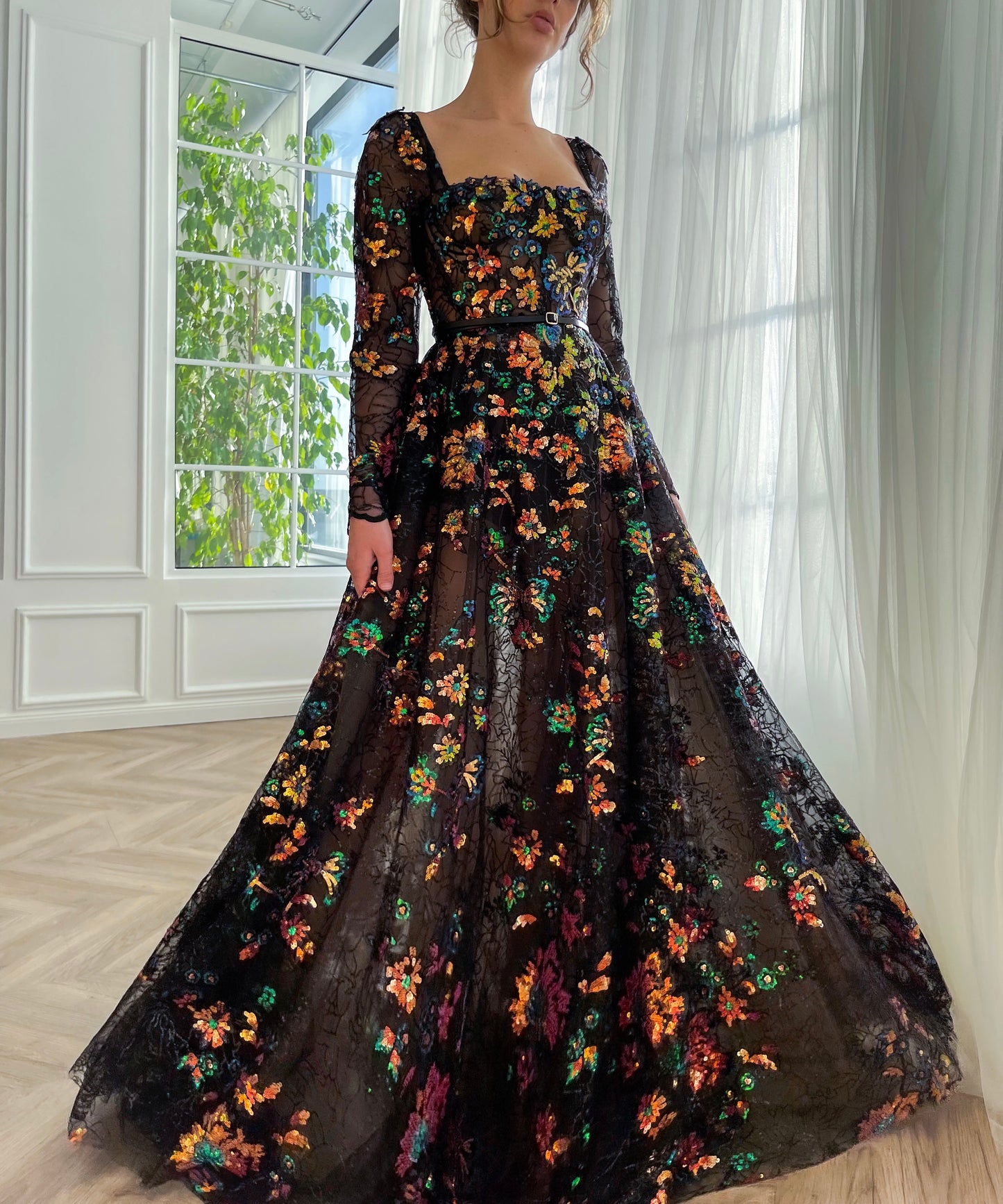 Black A-Line dress with flowers, embroidery, belt and long sleeves