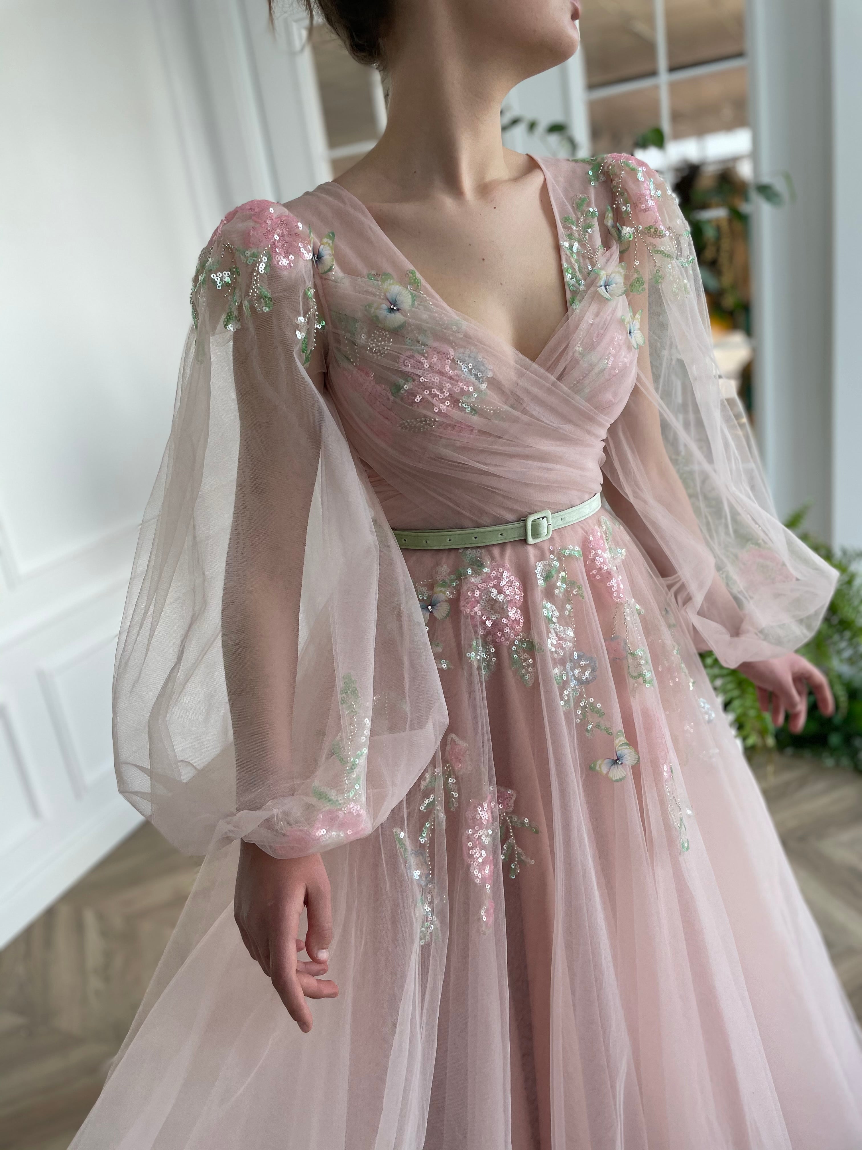 Pink A-Line dress with long sleeves and embroidery