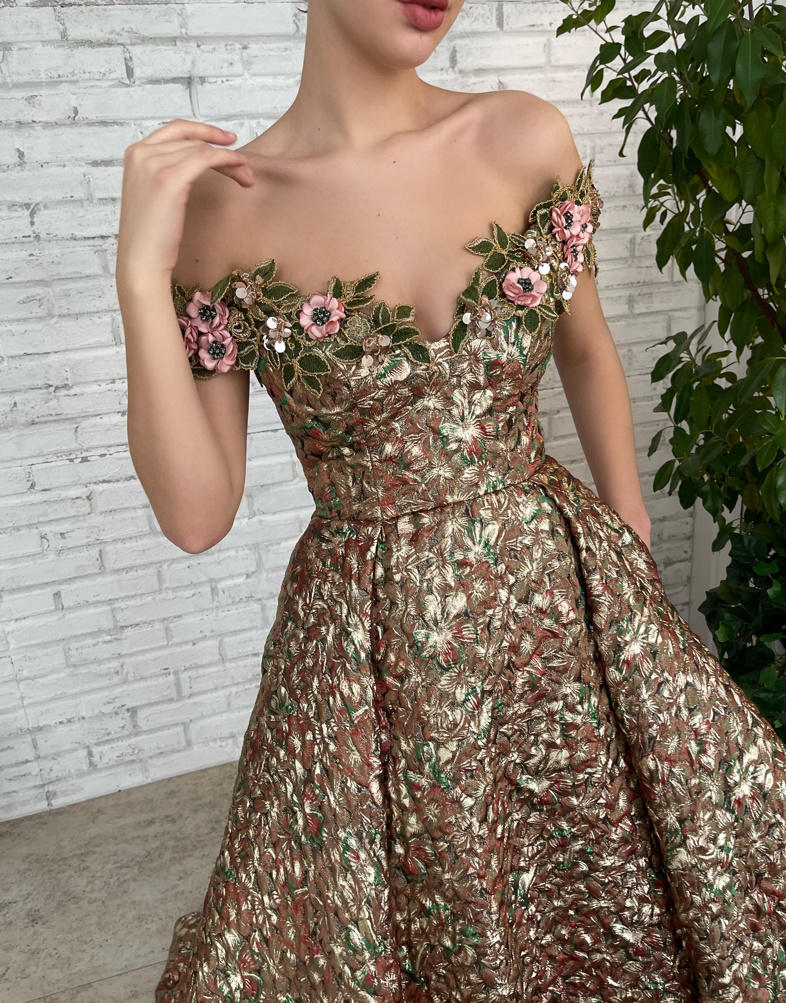 Brown A-Line dress with off the shoulder sleeves and embroidery