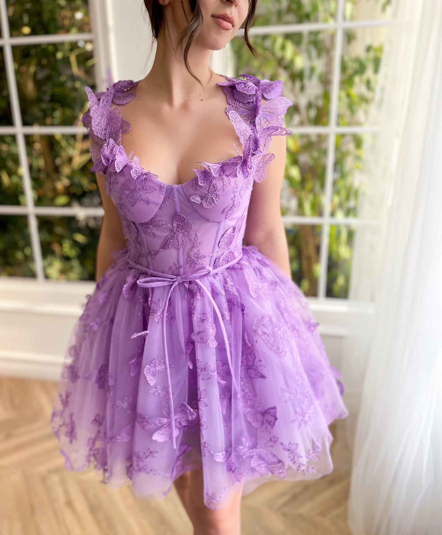 Purple mini dress with straps and embroidered butterflies