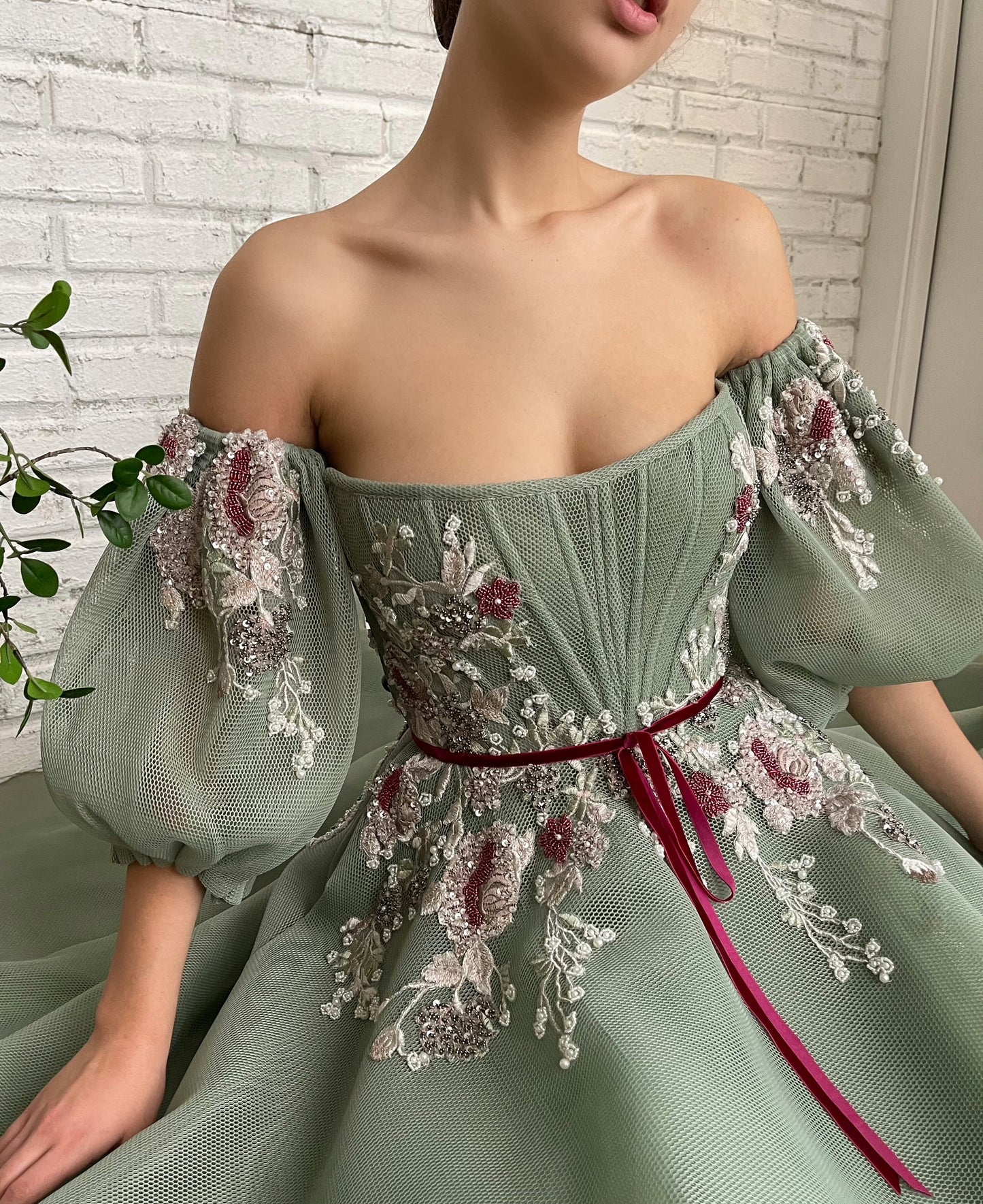 Green A-Line dress with off the shoulder sleeves and embroidery