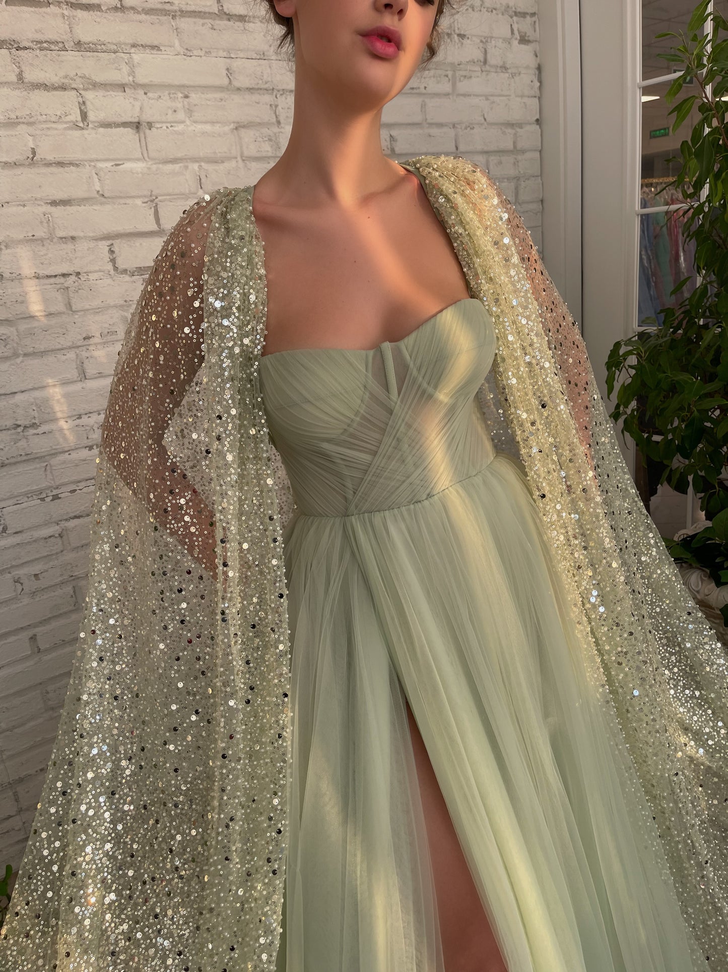 Green A-Line dress with cape sleeves