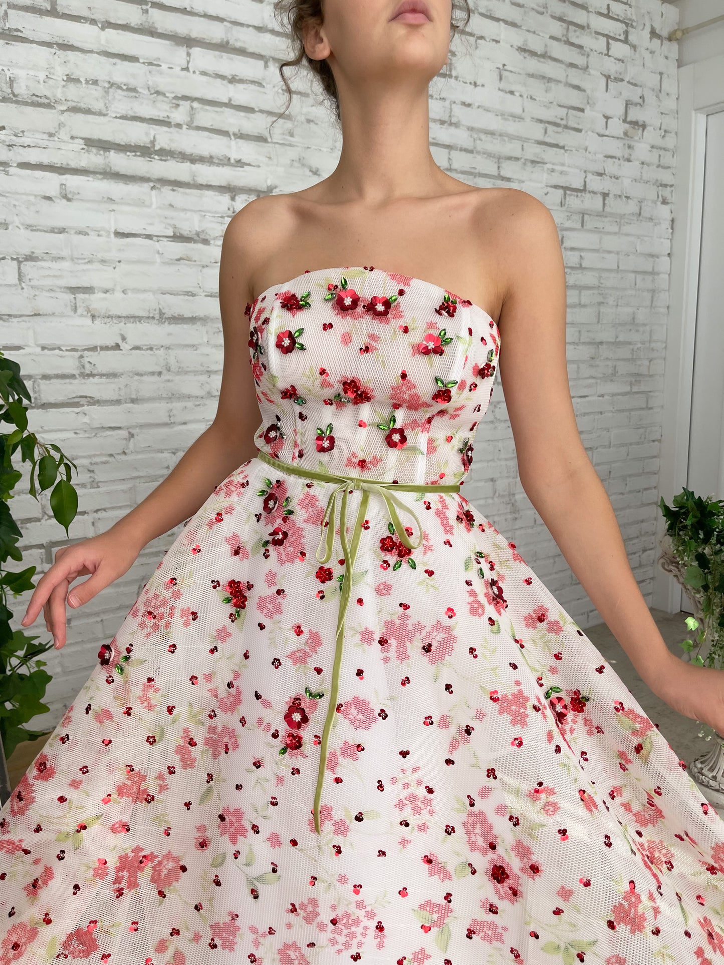 White A-Line dress with no sleeves and embroidery