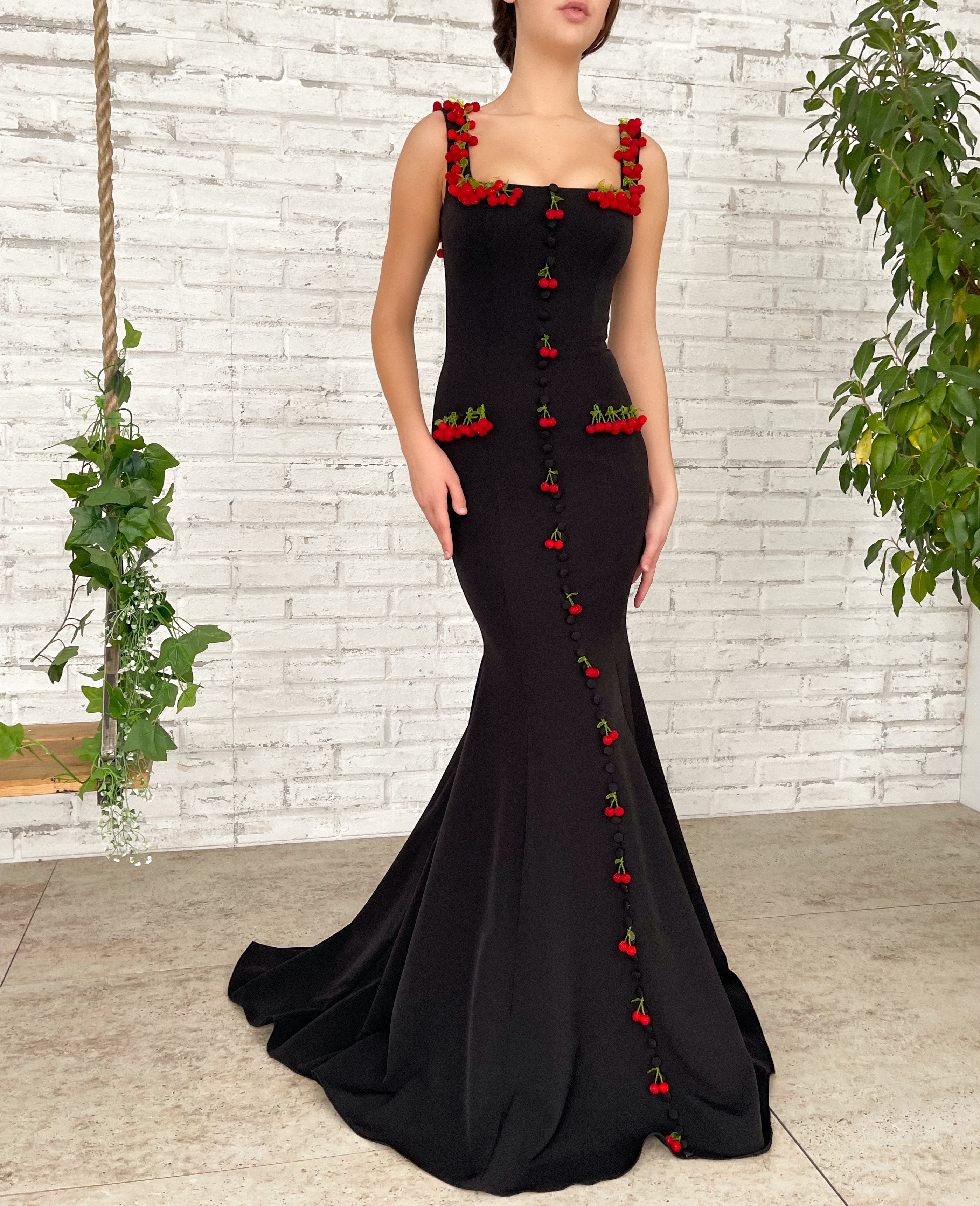 Black mermaid dress with straps and embroidered cherries