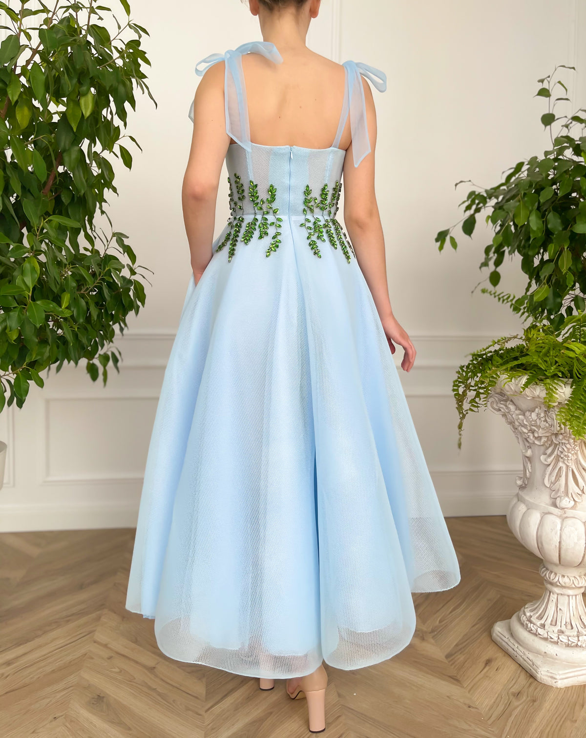 Blue midi dress with bow straps and embroidery