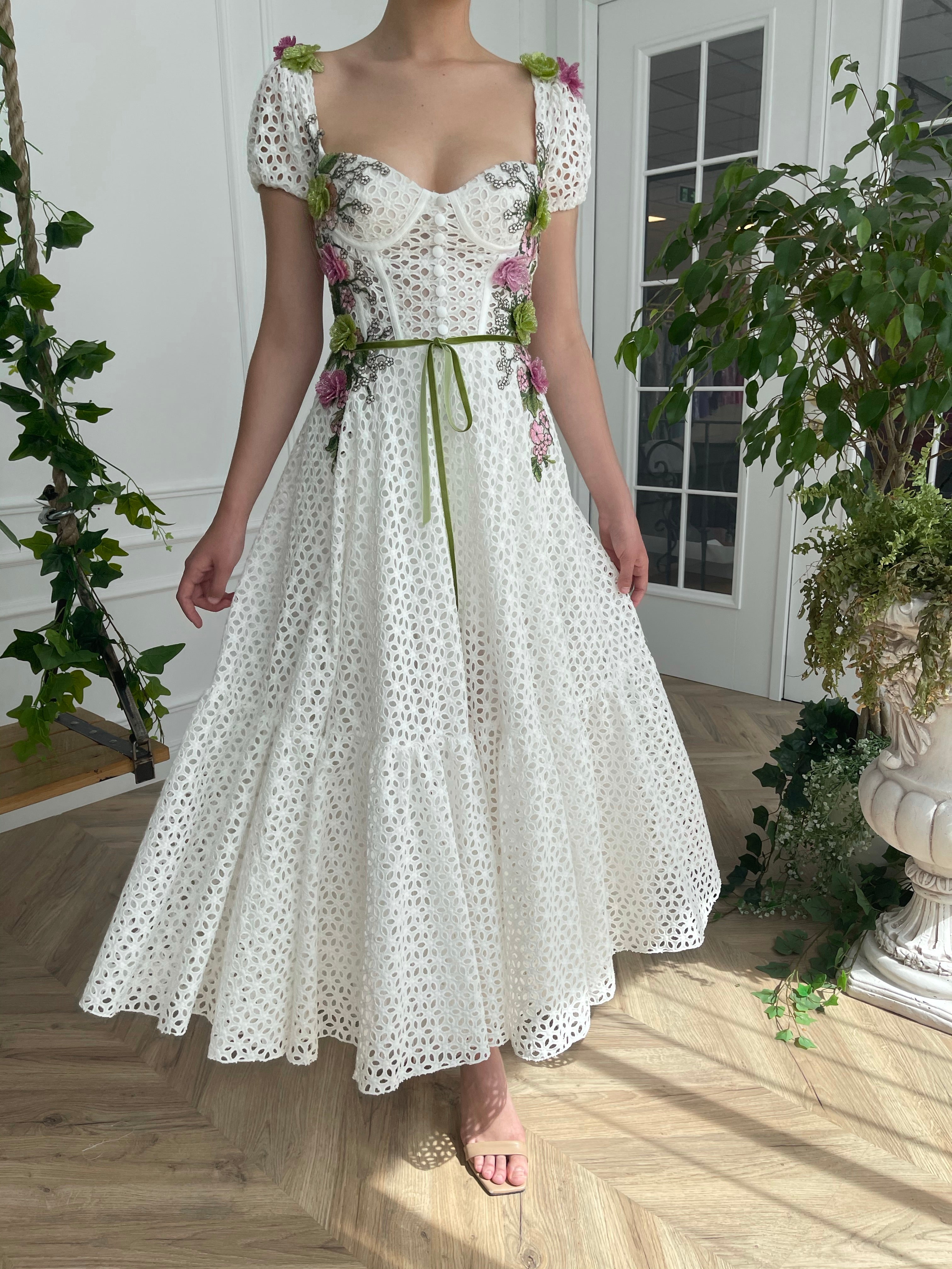 Midi white bridal dress with short cap sleeves and embroidered flowers