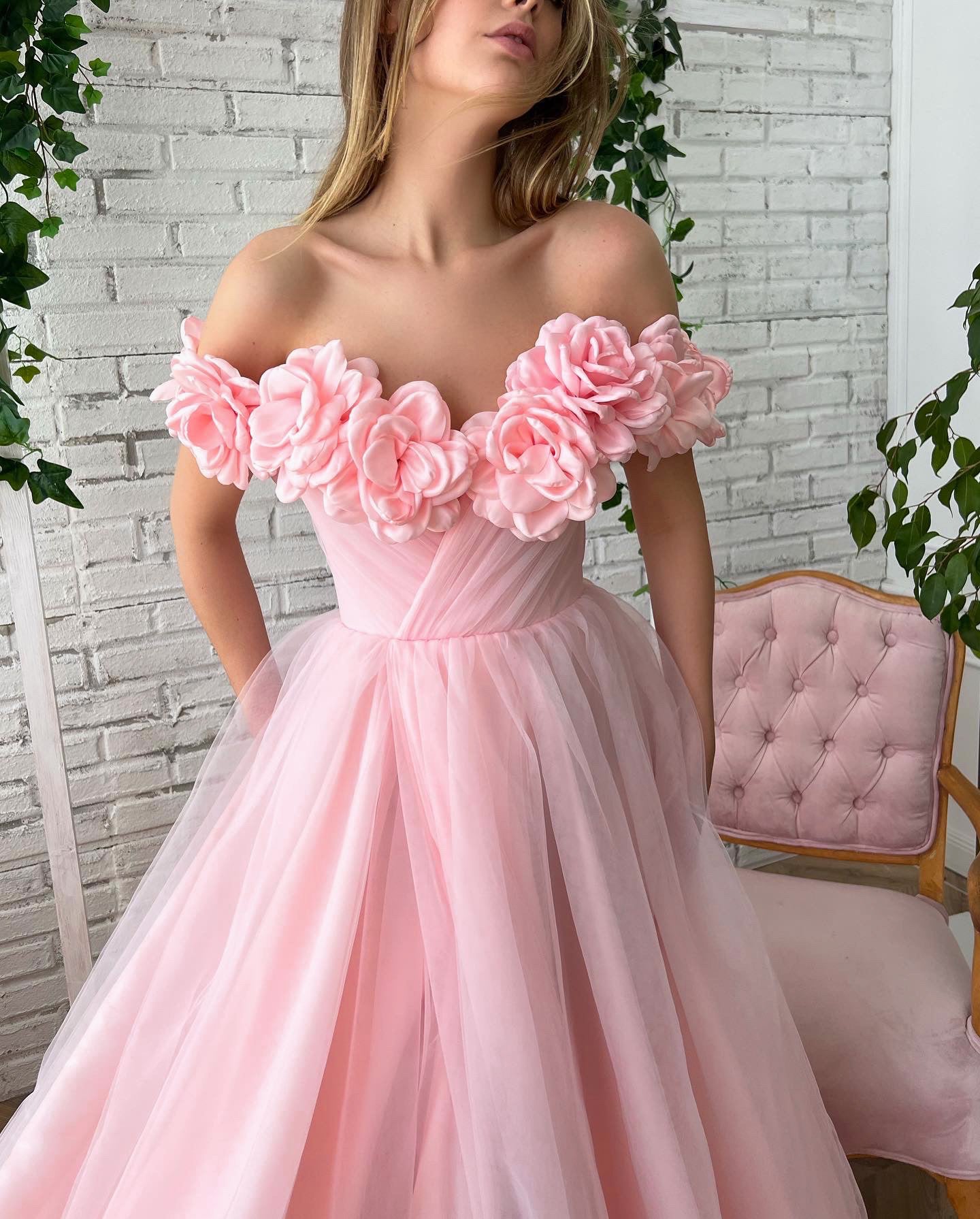 Pink A-Line dress with off the shoulder sleeves, embroidery and flowers