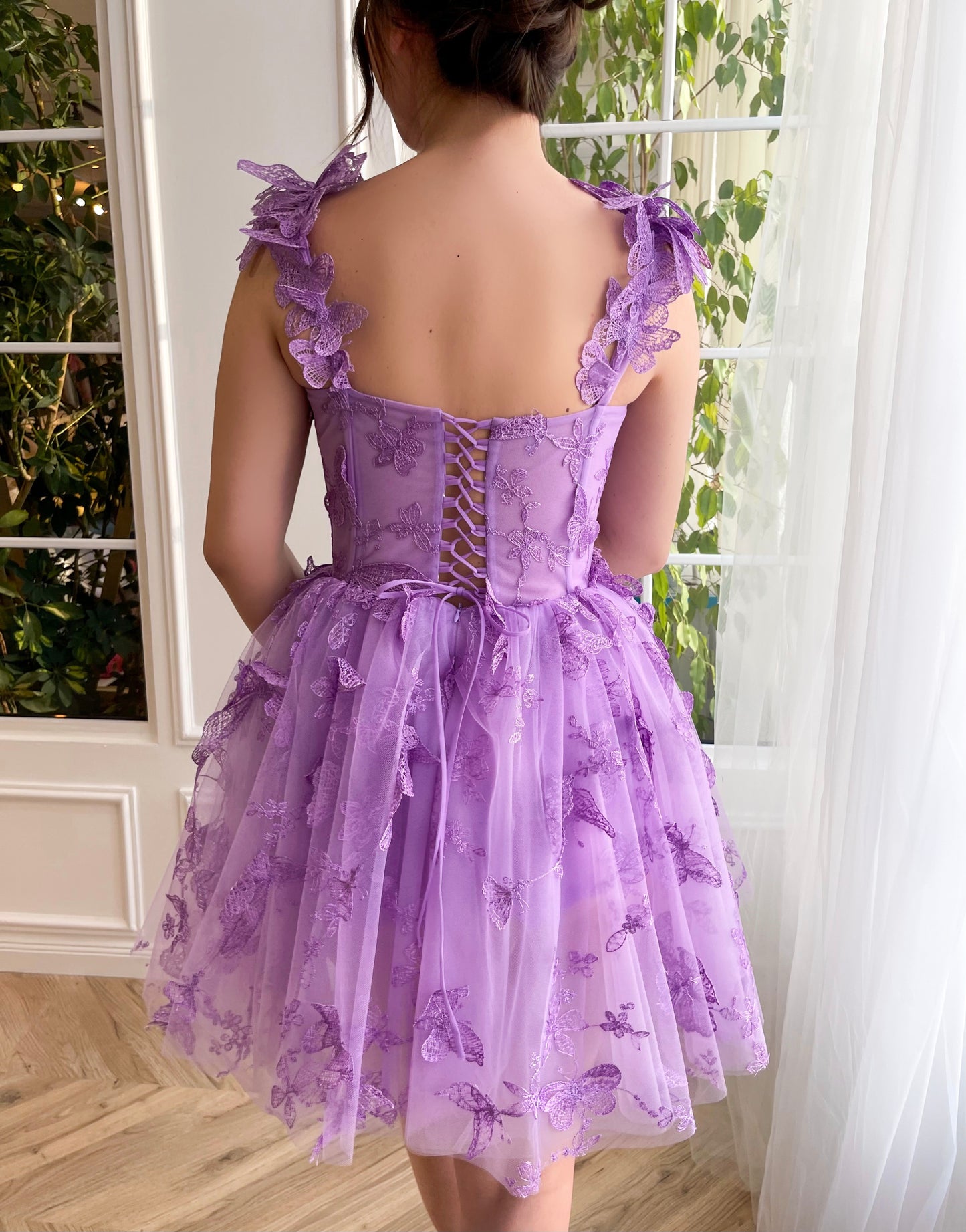 Purple mini dress with straps and embroidered butterflies