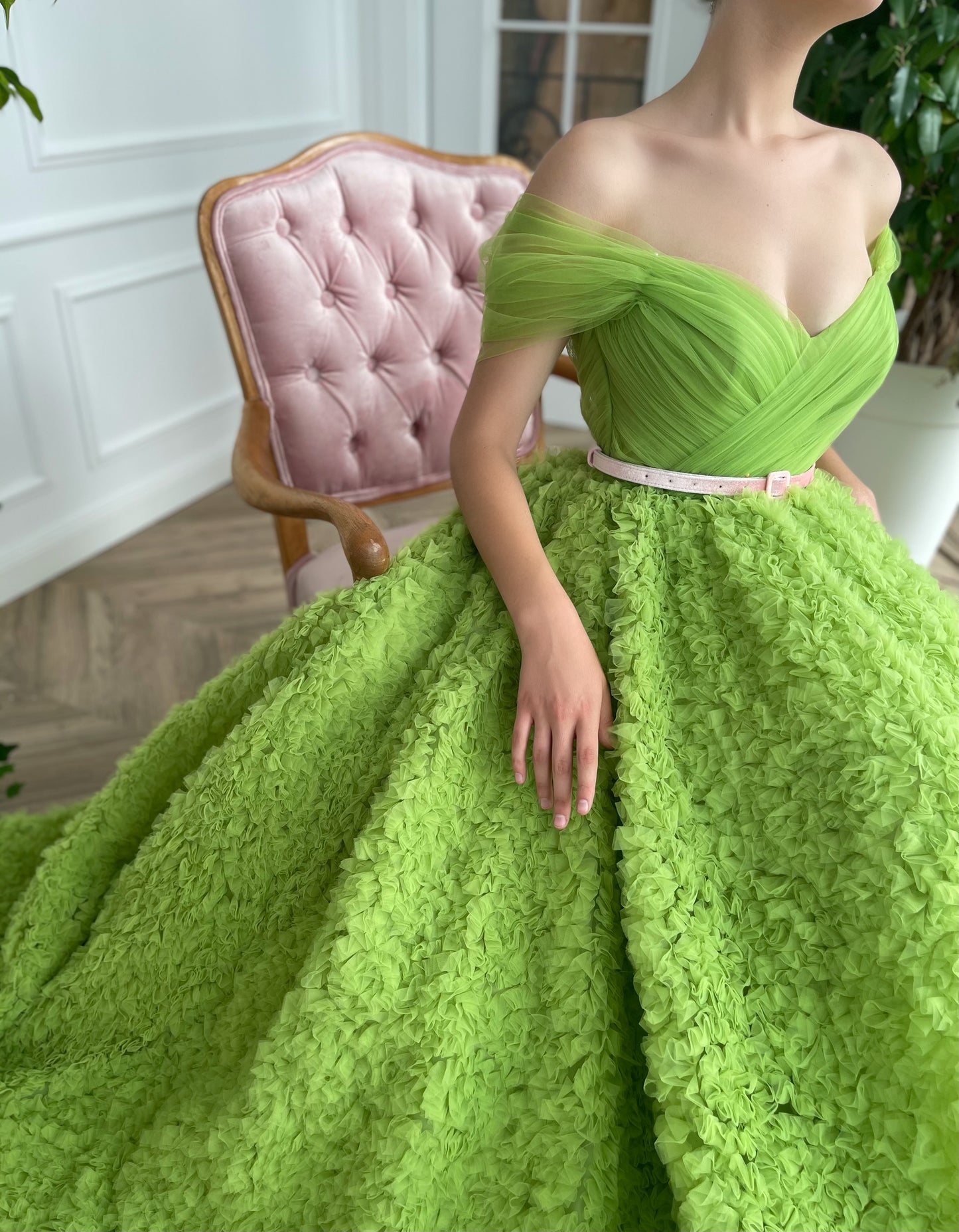 Green A-Line dress with off the shoulder sleeves and belt