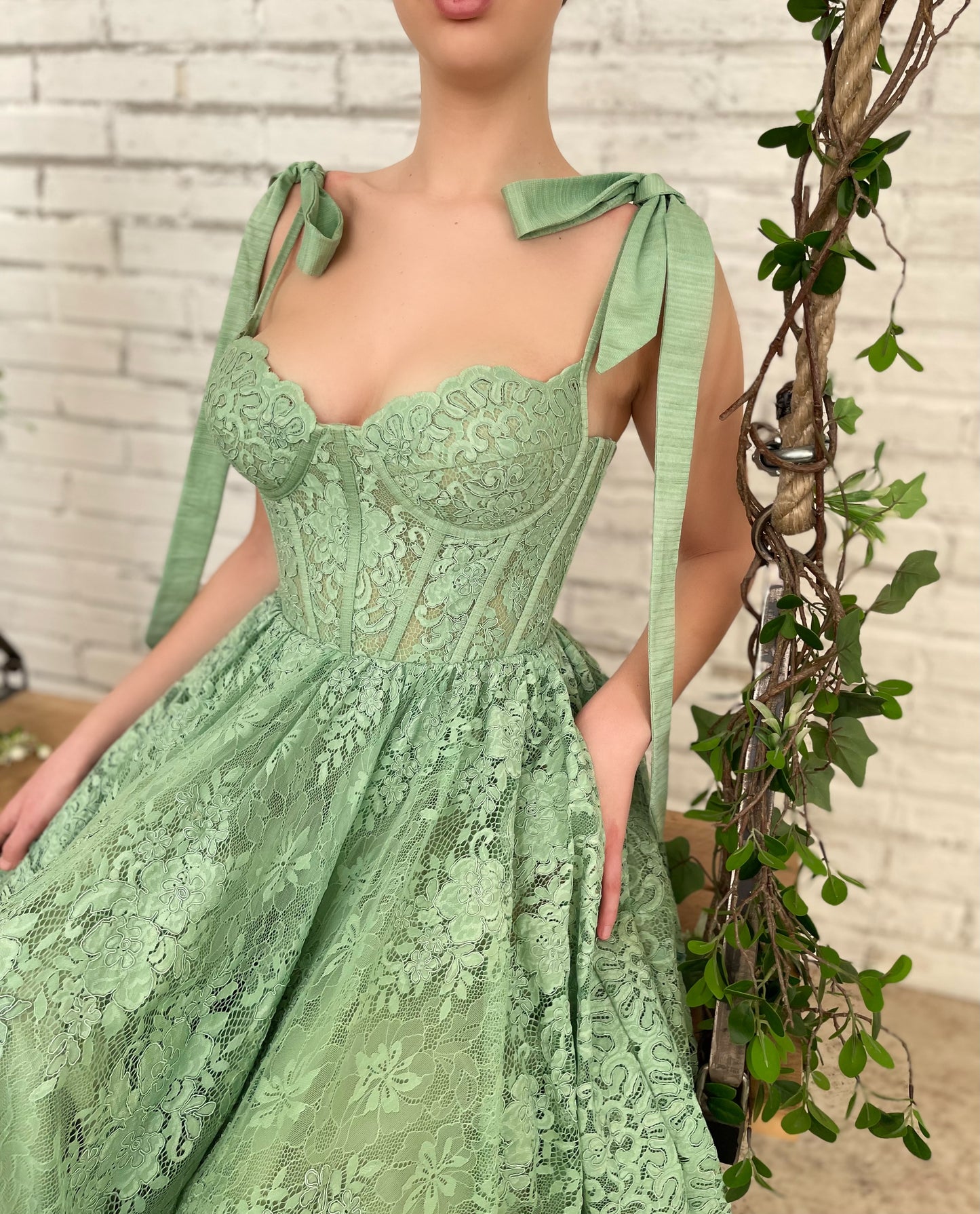Green midi dress with bow straps