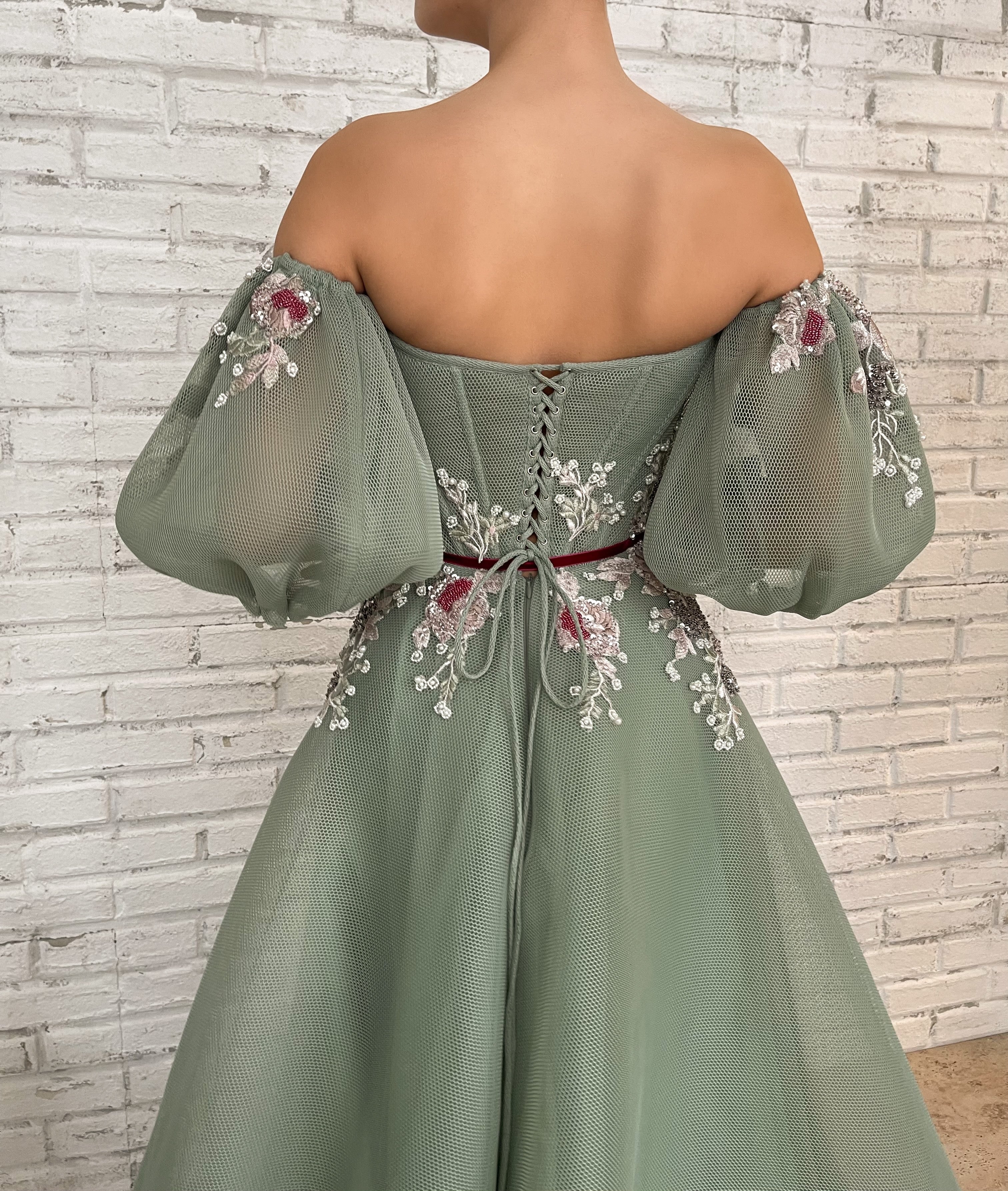 Green A-Line dress with off the shoulder sleeves and embroidery