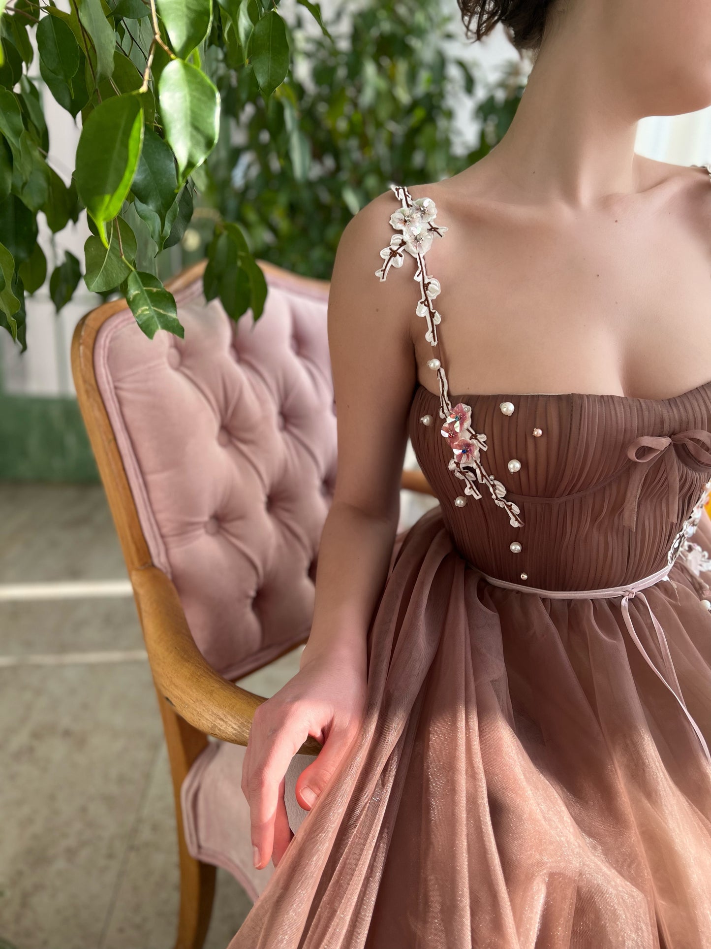 Brown A-Line dress with spaghetti straps and embroidery