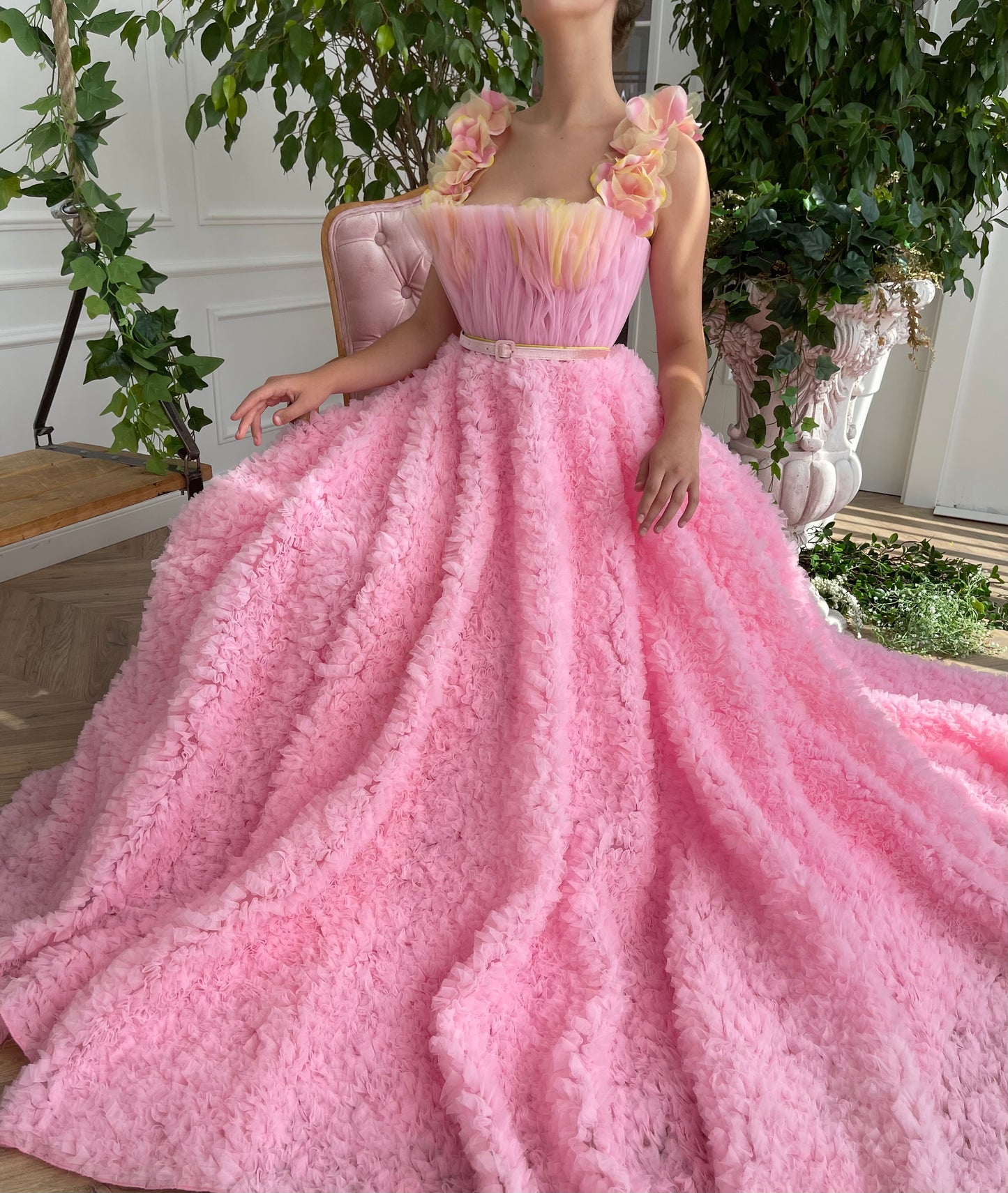 Pink A-Line dress with belt, embroidery and straps