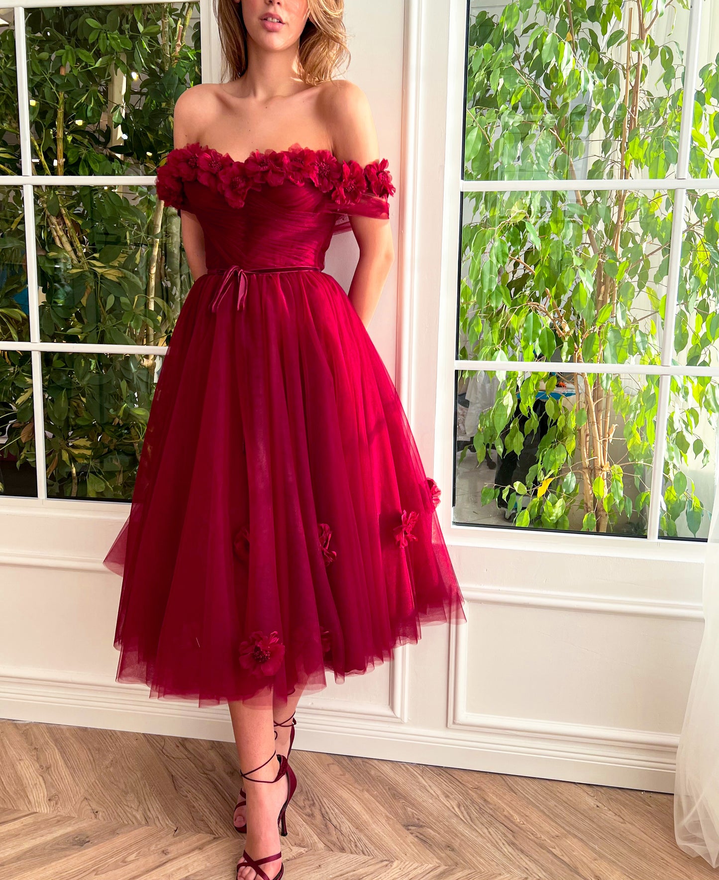 Red midi dress with embroidery, flowers and off the shoulder sleeves