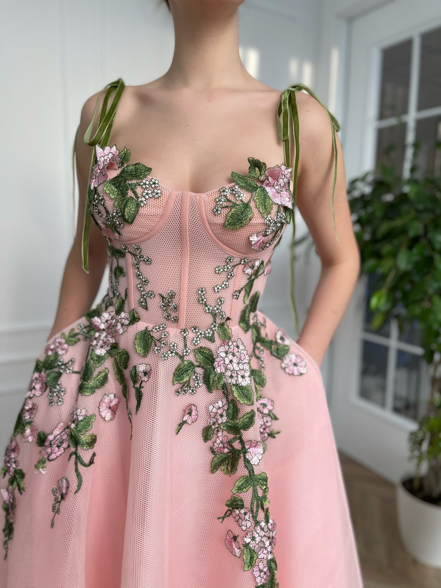 Pink midi dress with embroidery and spaghetti straps