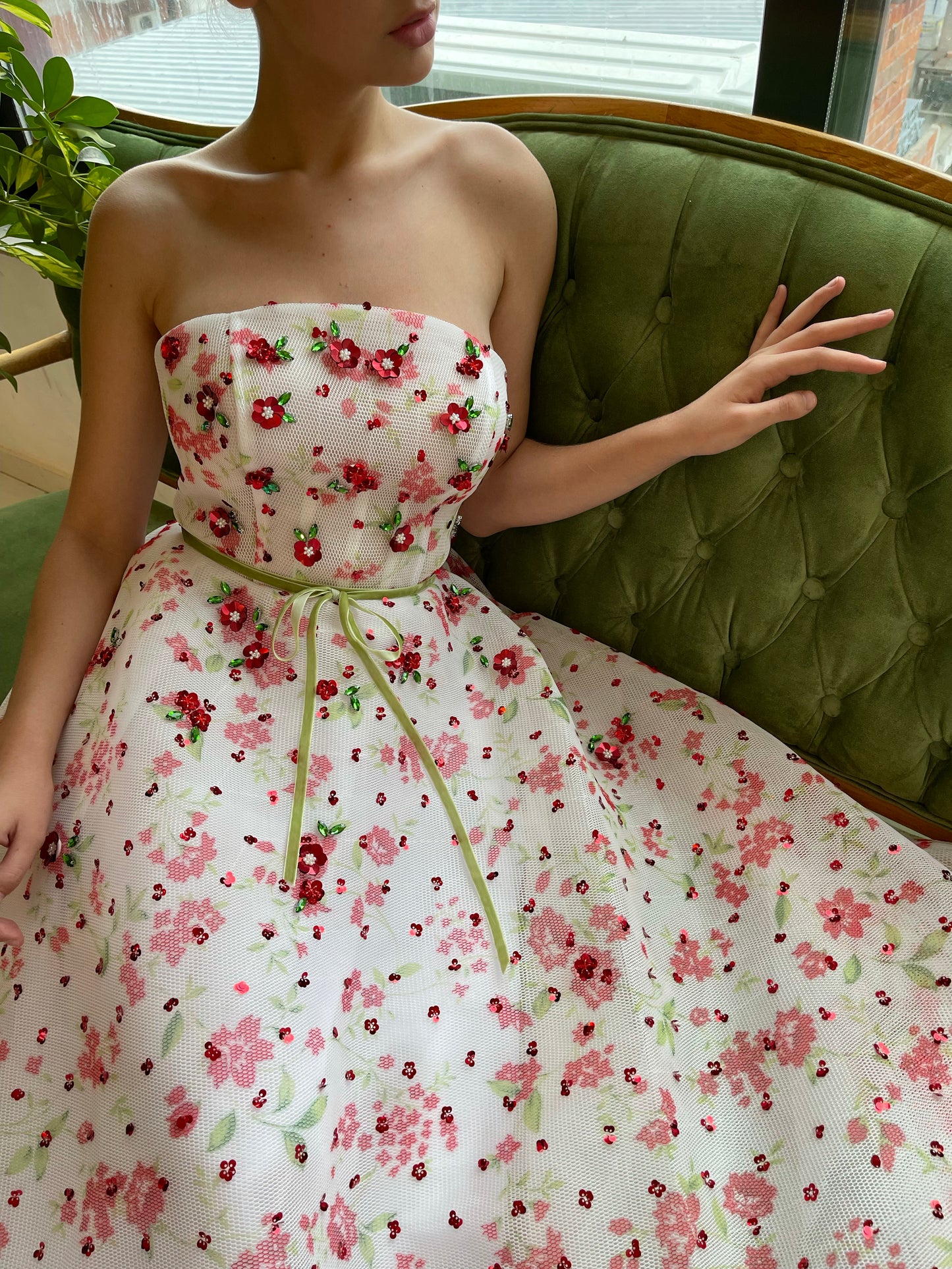 White A-Line dress with no sleeves and embroidery