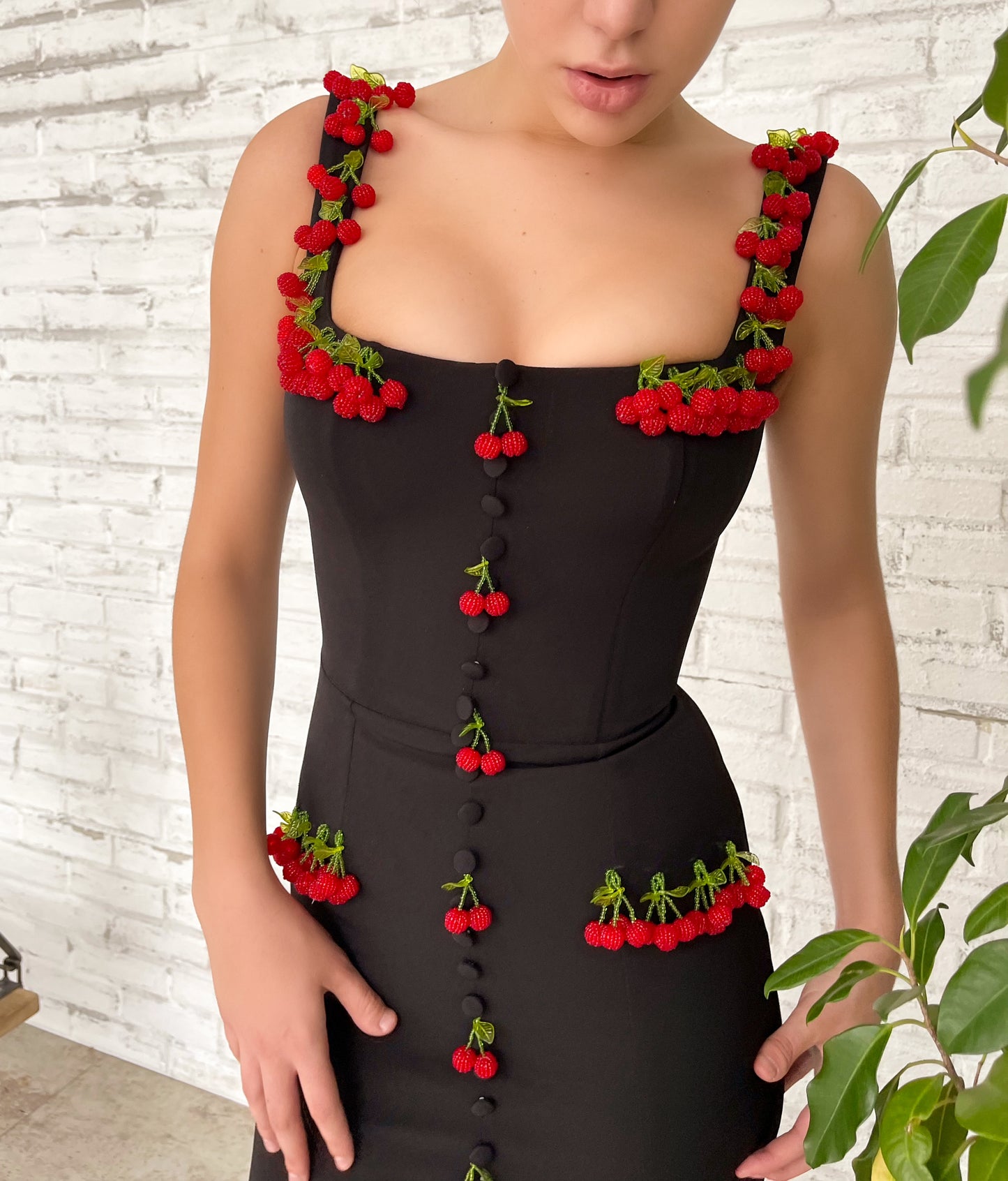 Black mermaid dress with straps and embroidered cherries