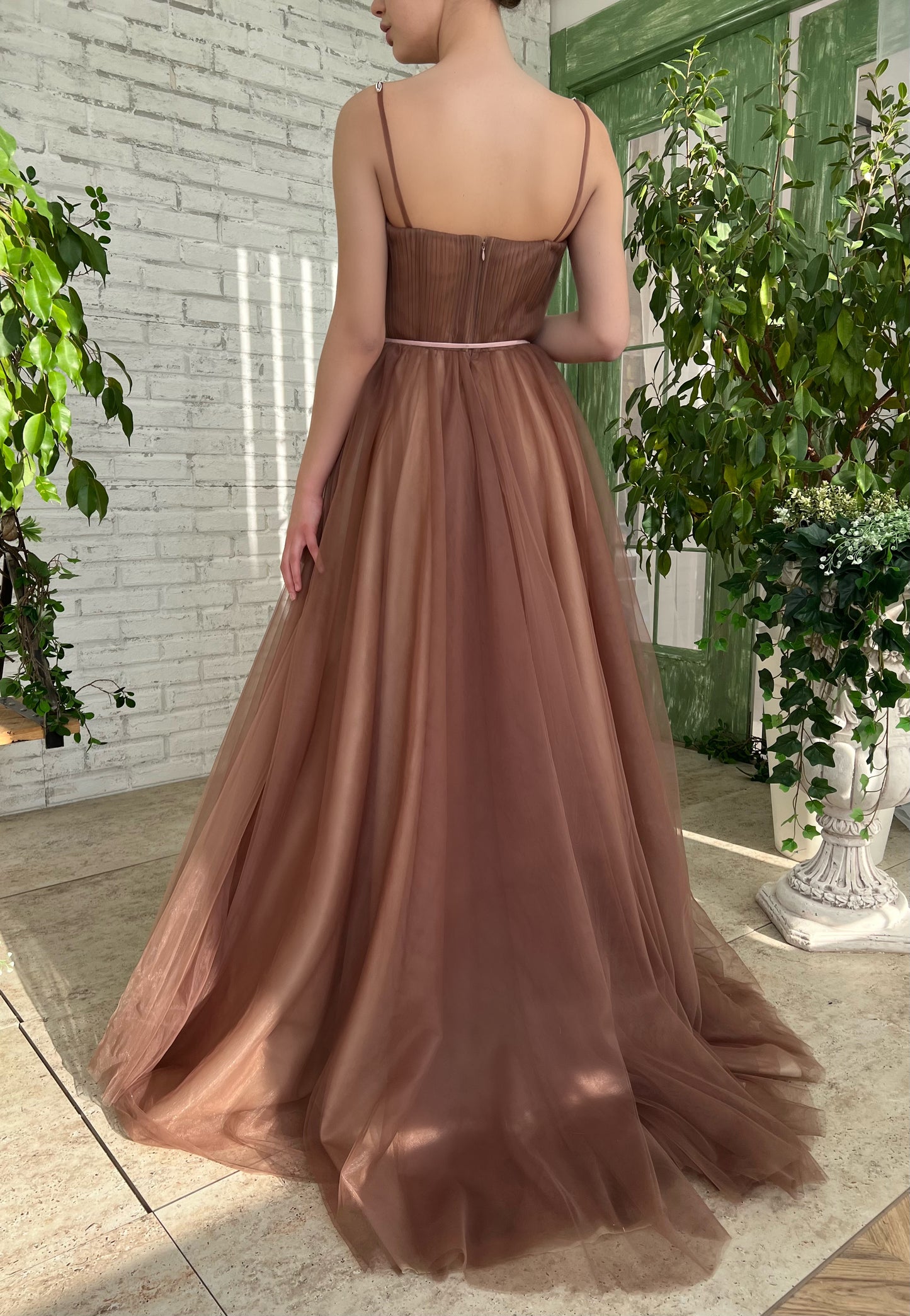 Brown A-Line dress with spaghetti straps and embroidery