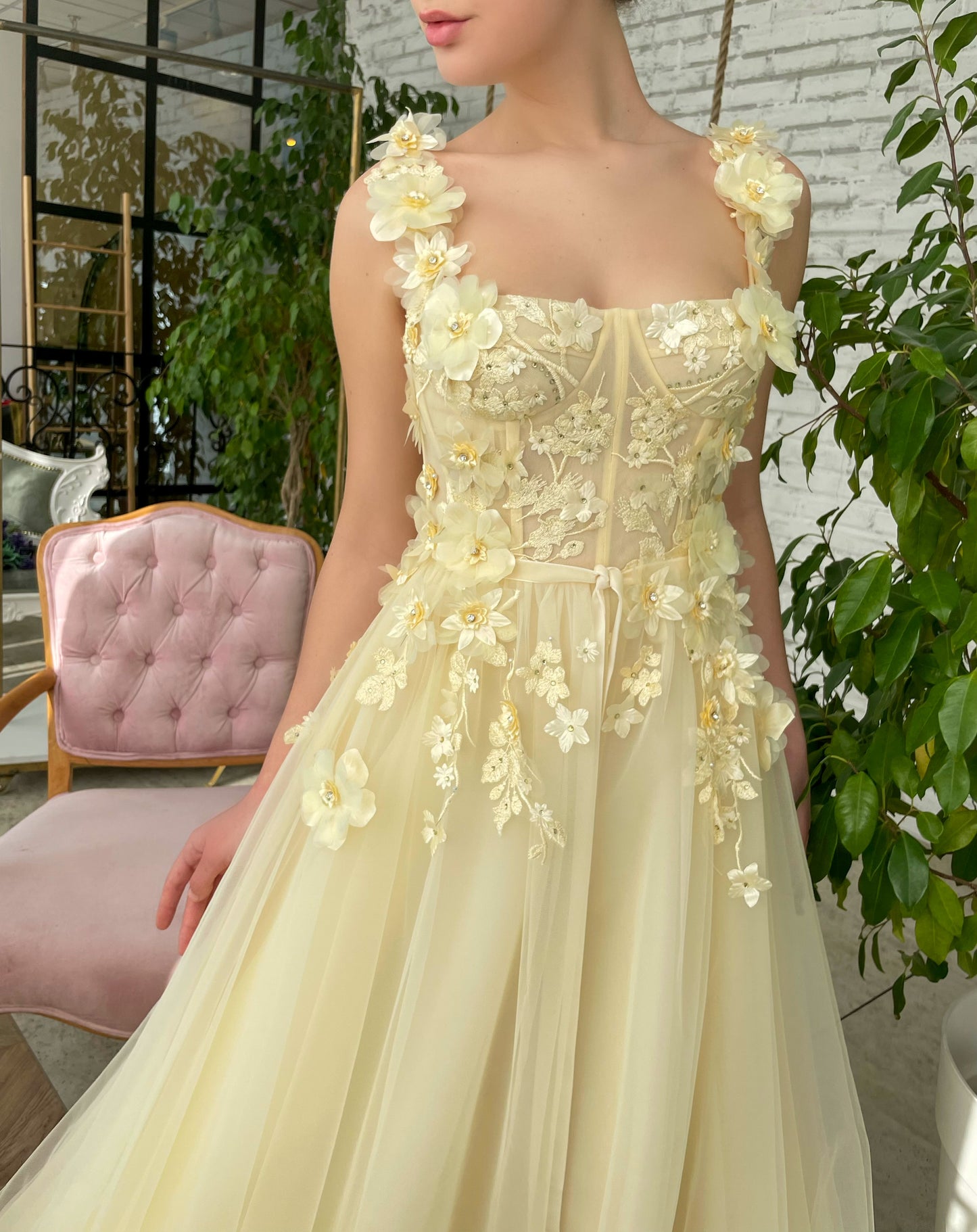 Yellow A-Line dress with straps, embroidery and flowers