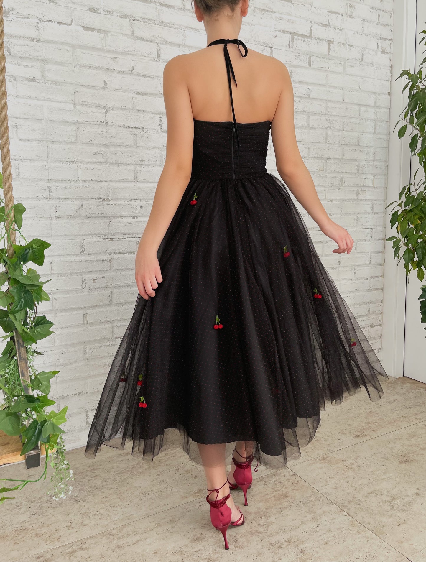 Black midi dress with spaghetti straps and embroidered cherries