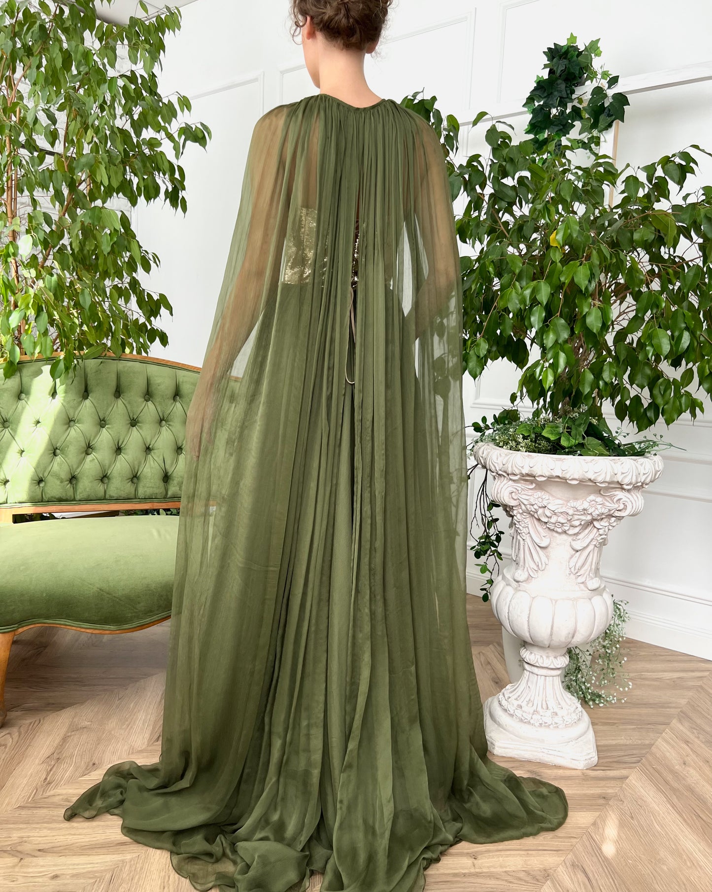 Green A-Line dress with cape and no sleeves