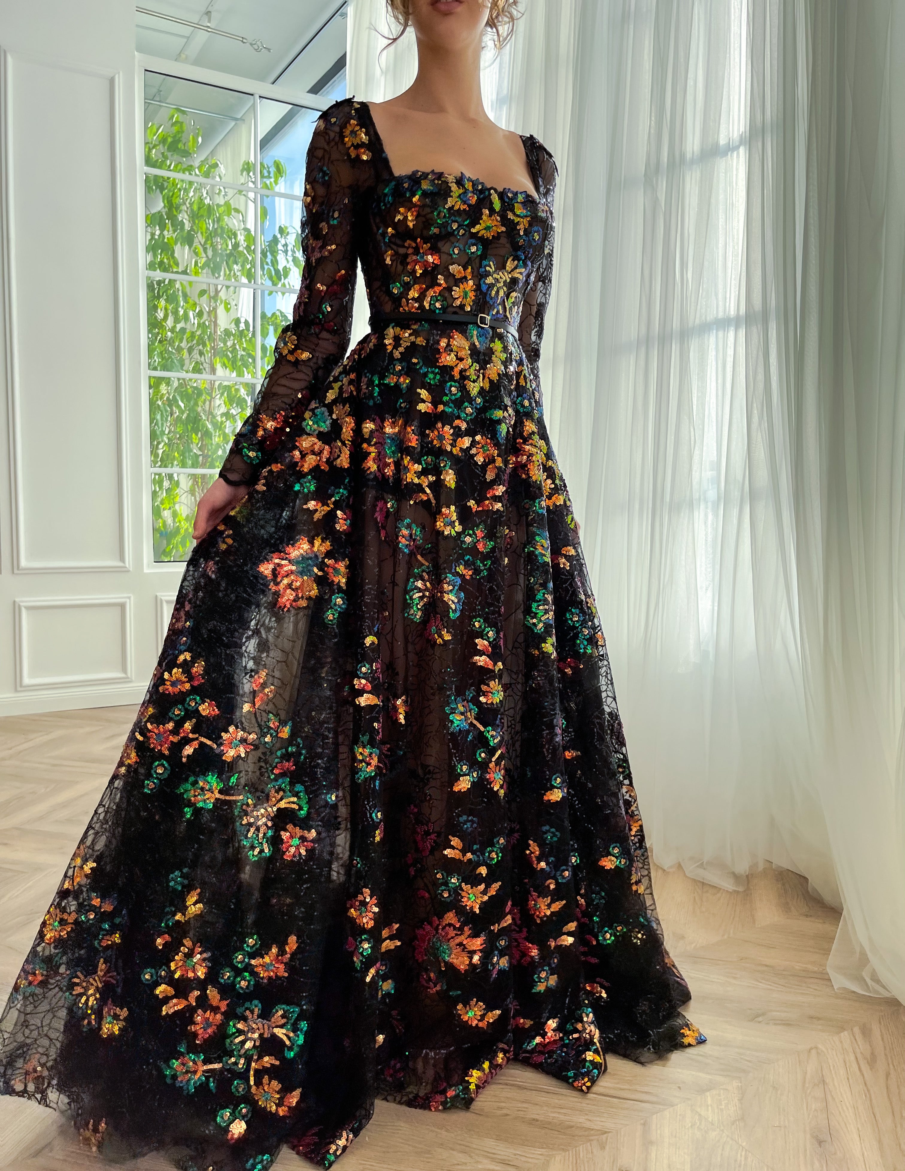 Black A-Line dress with flowers, embroidery, belt and long sleeves