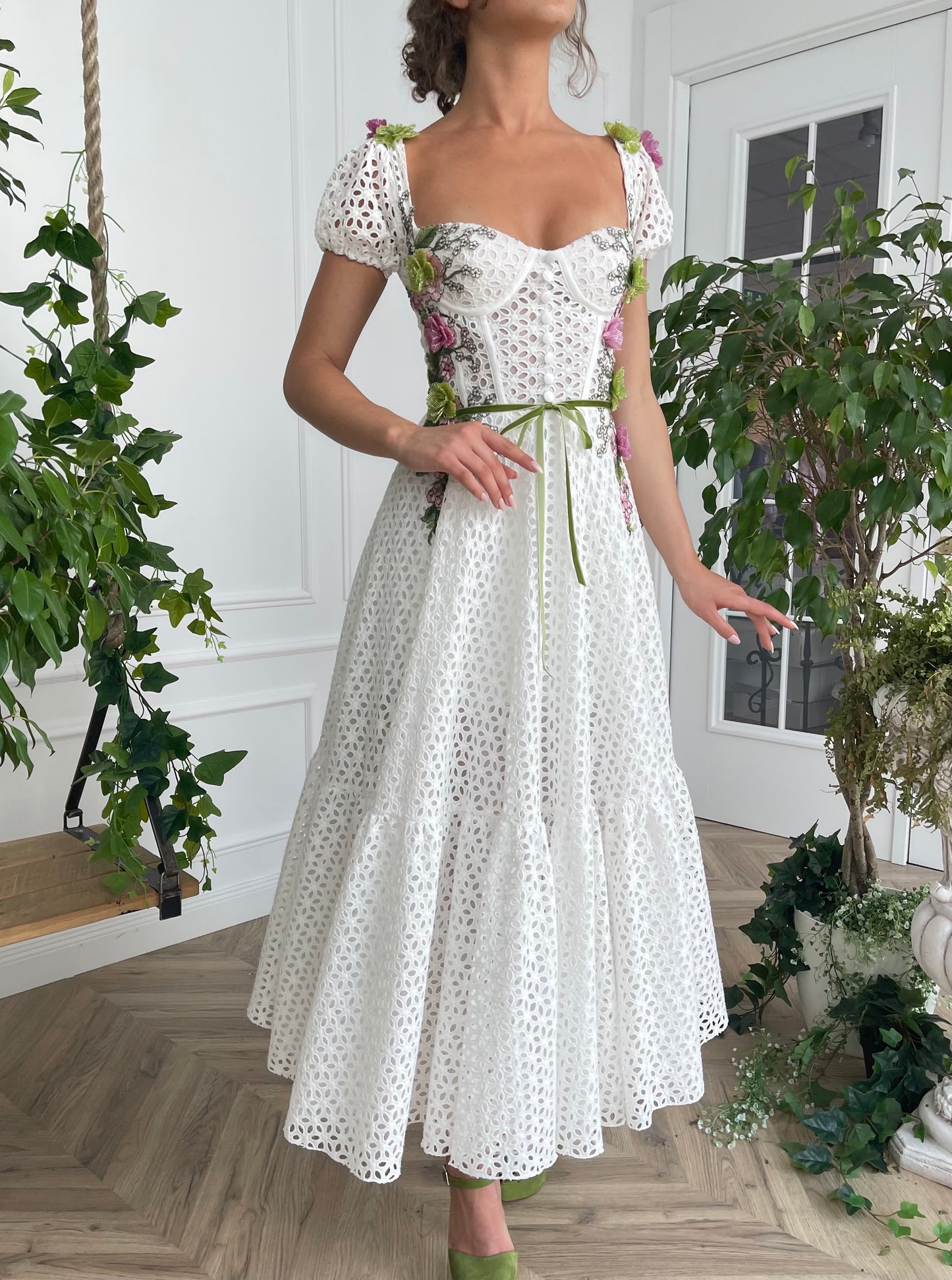 Midi white bridal dress with short cap sleeves and embroidered flowers