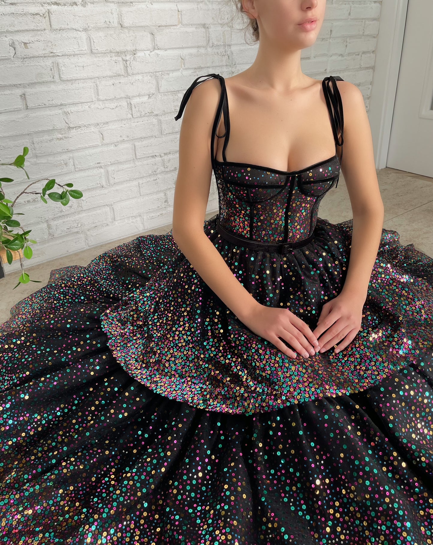 Black midi dress with sequins and spaghetti straps