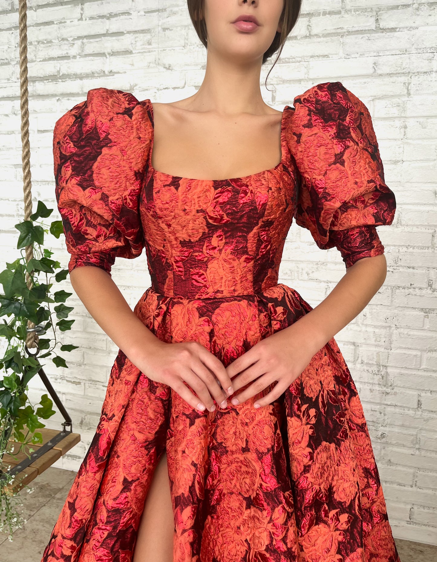 Red A-Line dress with short puff sleeves