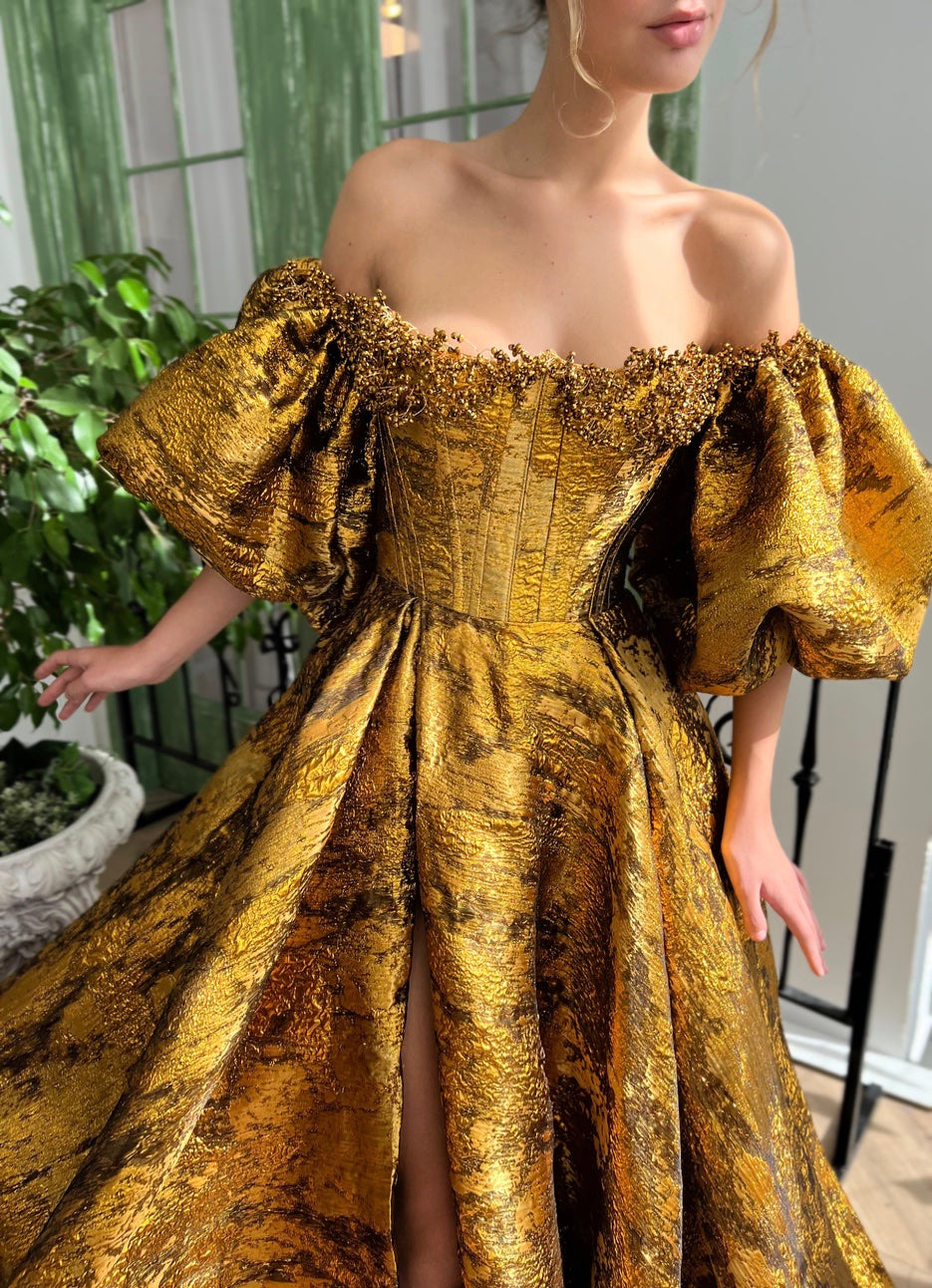 Gold A-Line dress with off the shoulder sleeves and embroidery
