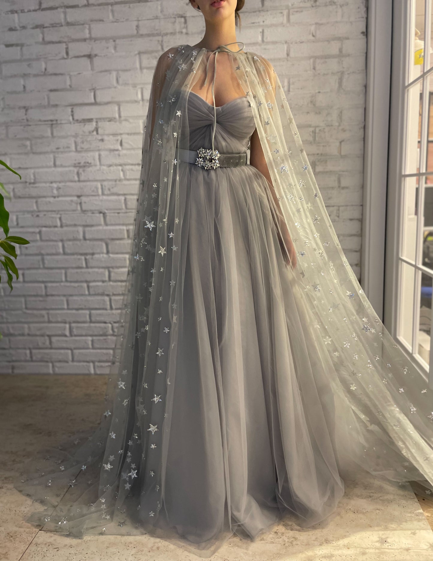 Grey A-Line dress with starry cape and belt