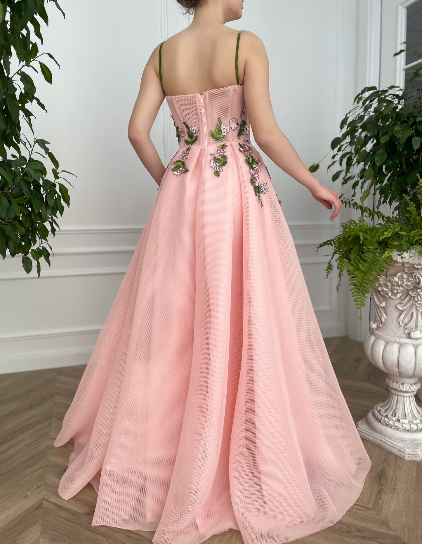 Pink A-Line dress with spaghetti straps and embroidery