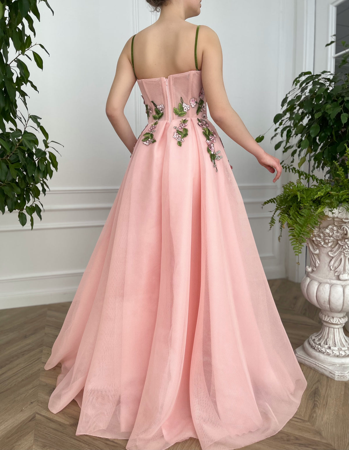 Pink A-Line dress with spaghetti straps and embroidery