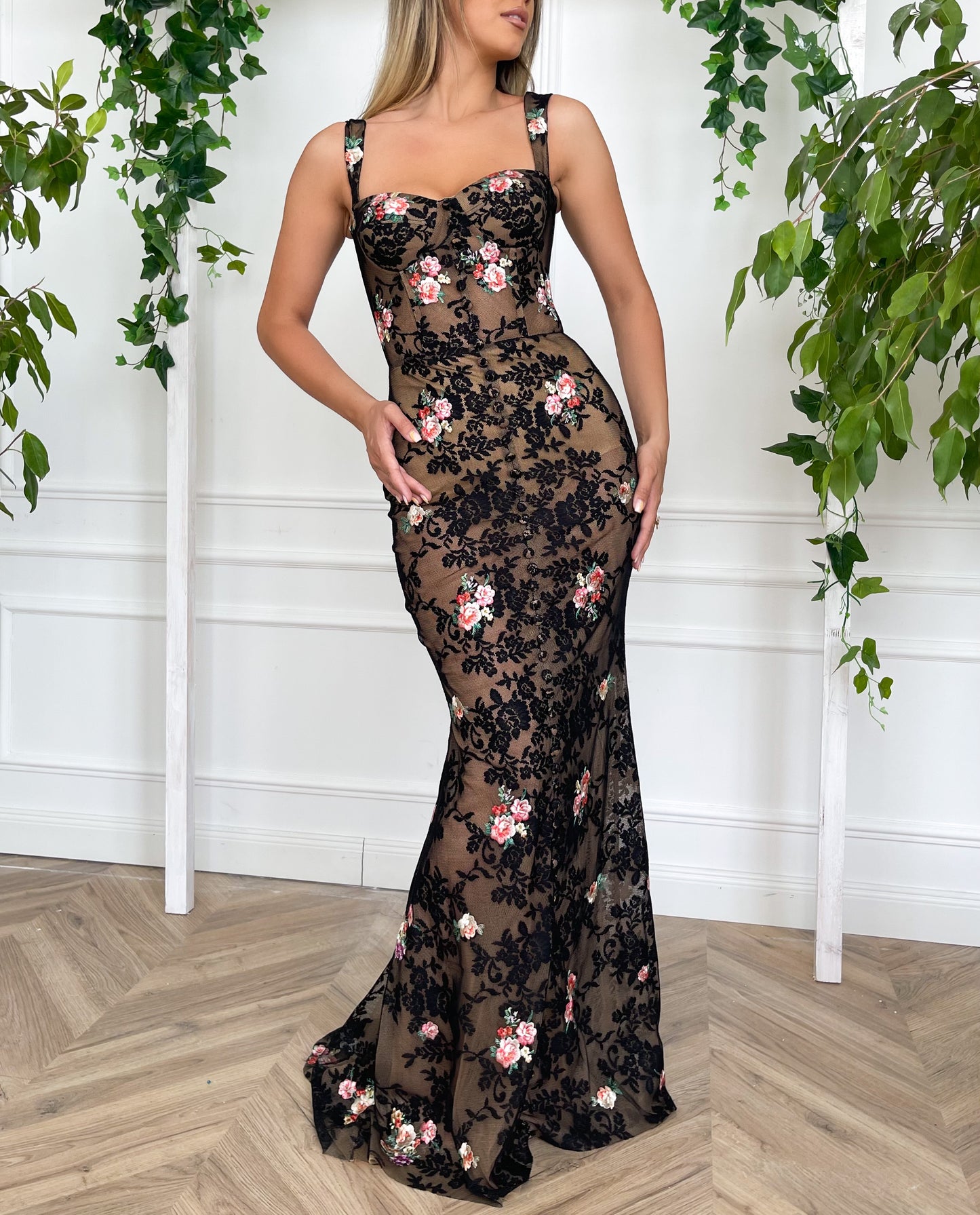 Black mermaid dress with spaghetti straps, embroidery and flowers
