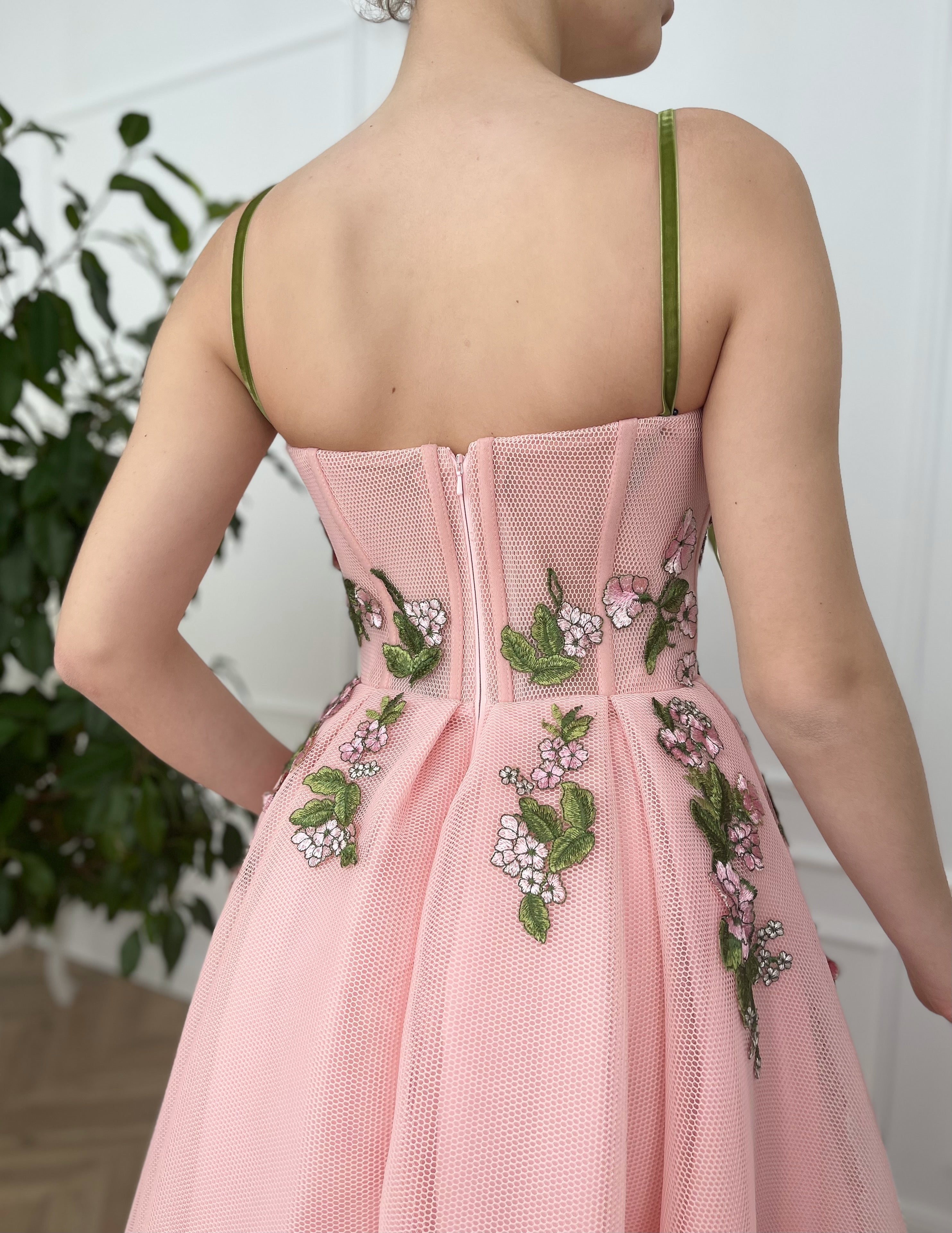Pink A-Line dress with spaghetti straps and embroidery