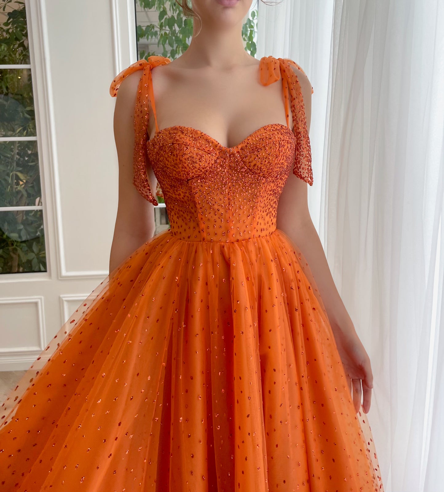 Orange midi dress with bow straps