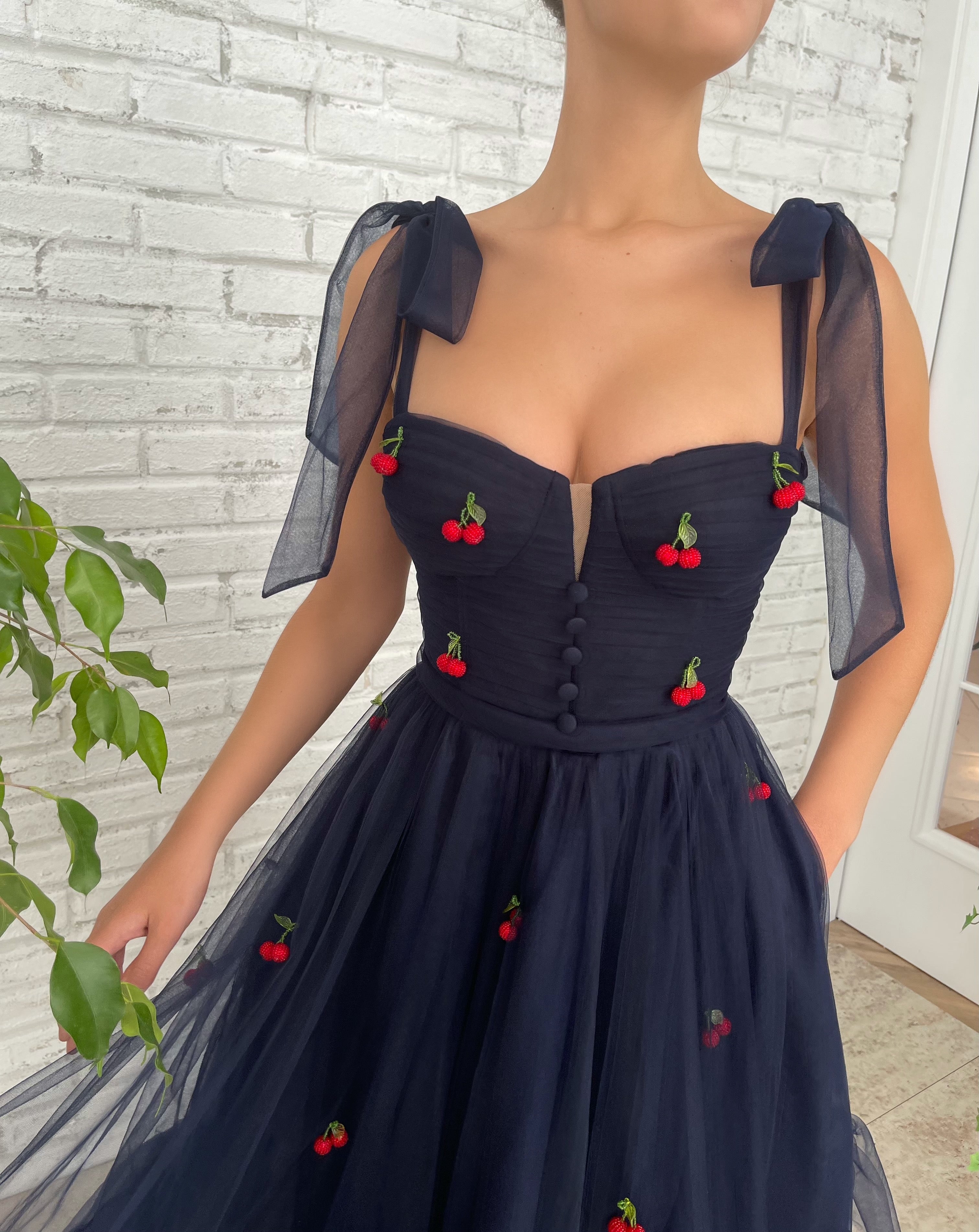 Blue midi dress with embroidered cherries and bow straps