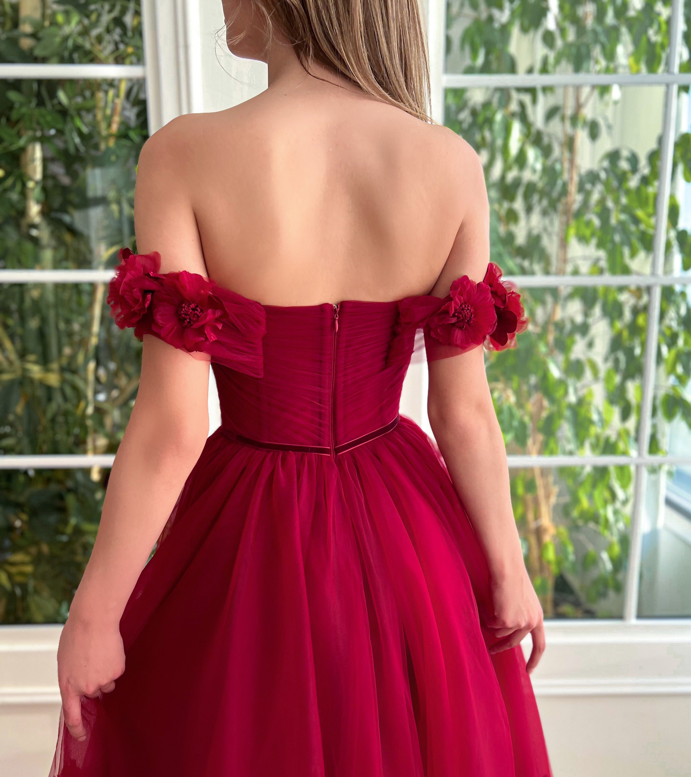 Red A-Line dress with embroidery, flowers and off the shoulder sleeves