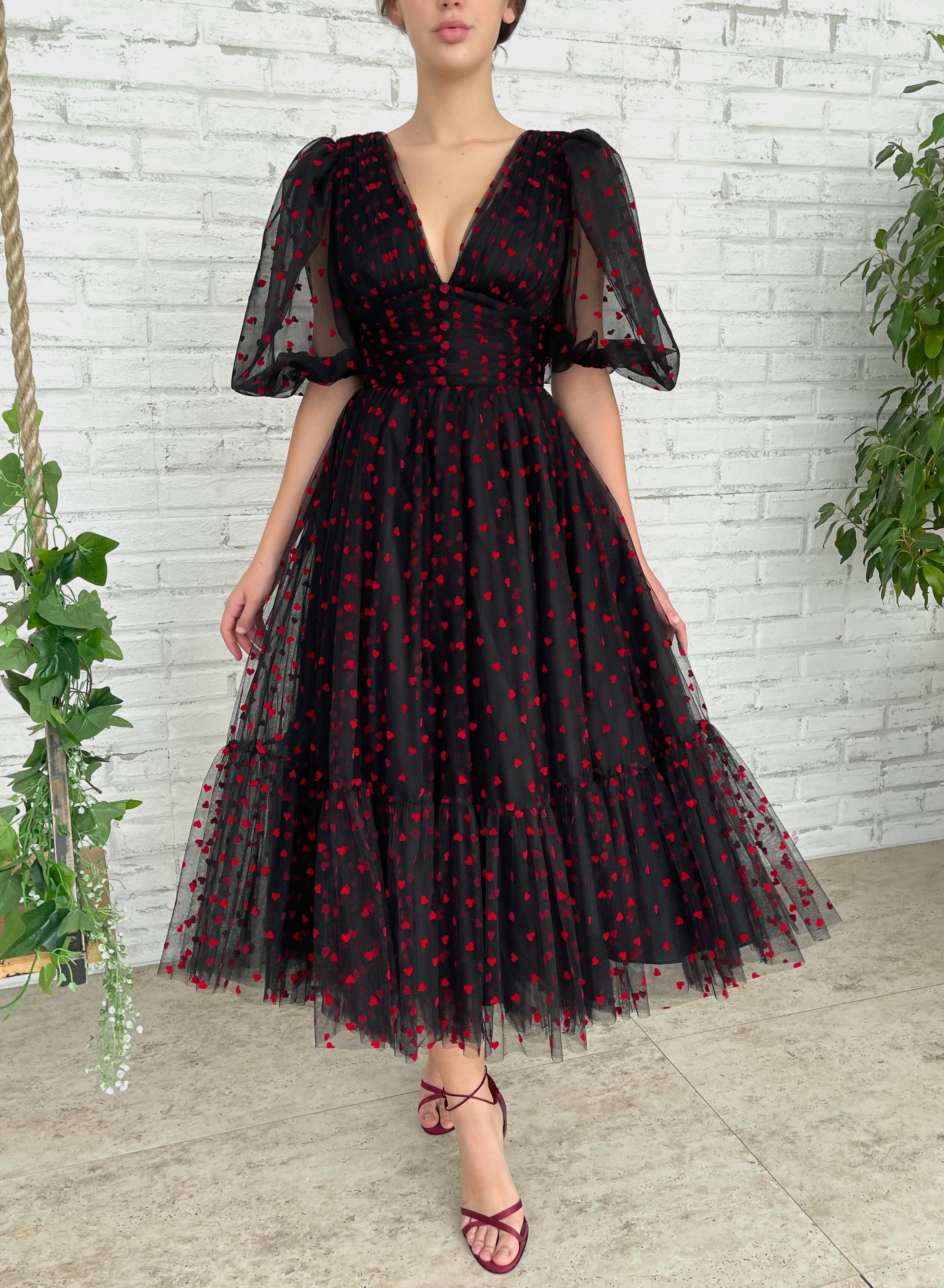 anne flocked heart tulle midi dress Francesca's Anne Flocked Heart Tulle Midi Dress