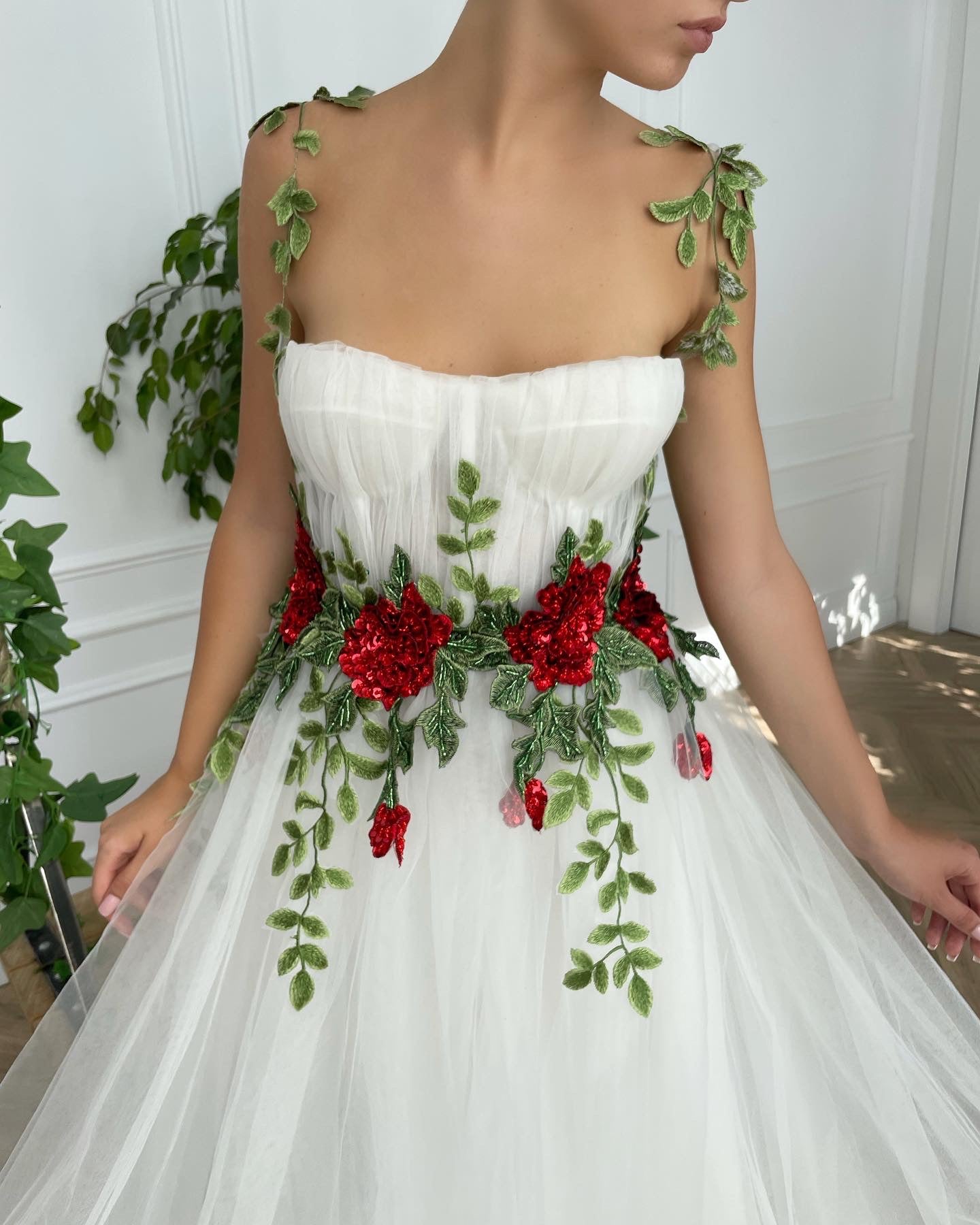 White A-Line bridal dress with embroidery and spaghetti straps