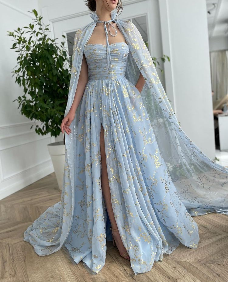 Blue A-Line dress with no sleeves and cape