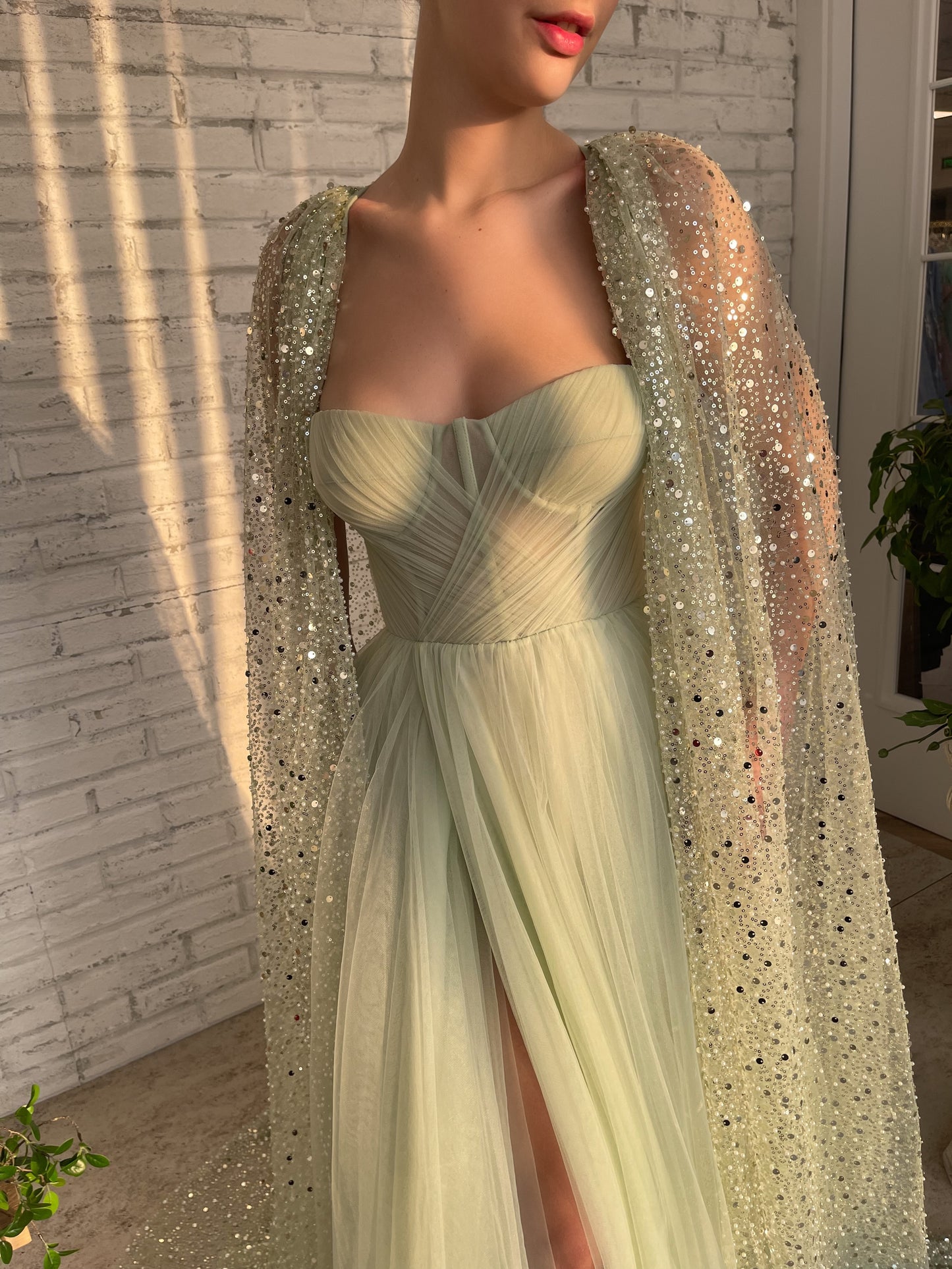 Green A-Line dress with cape sleeves