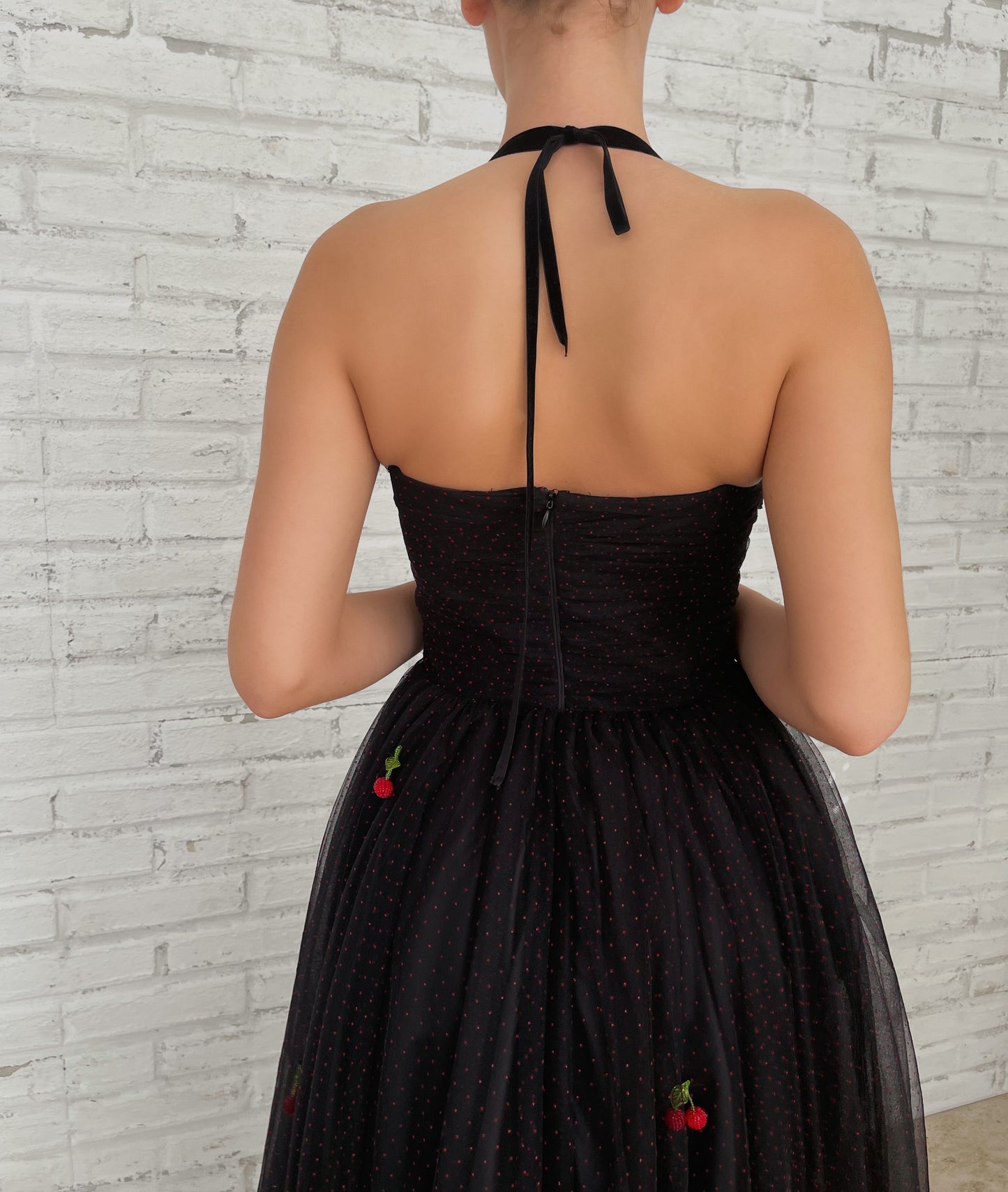Black midi dress with spaghetti straps and embroidered cherries