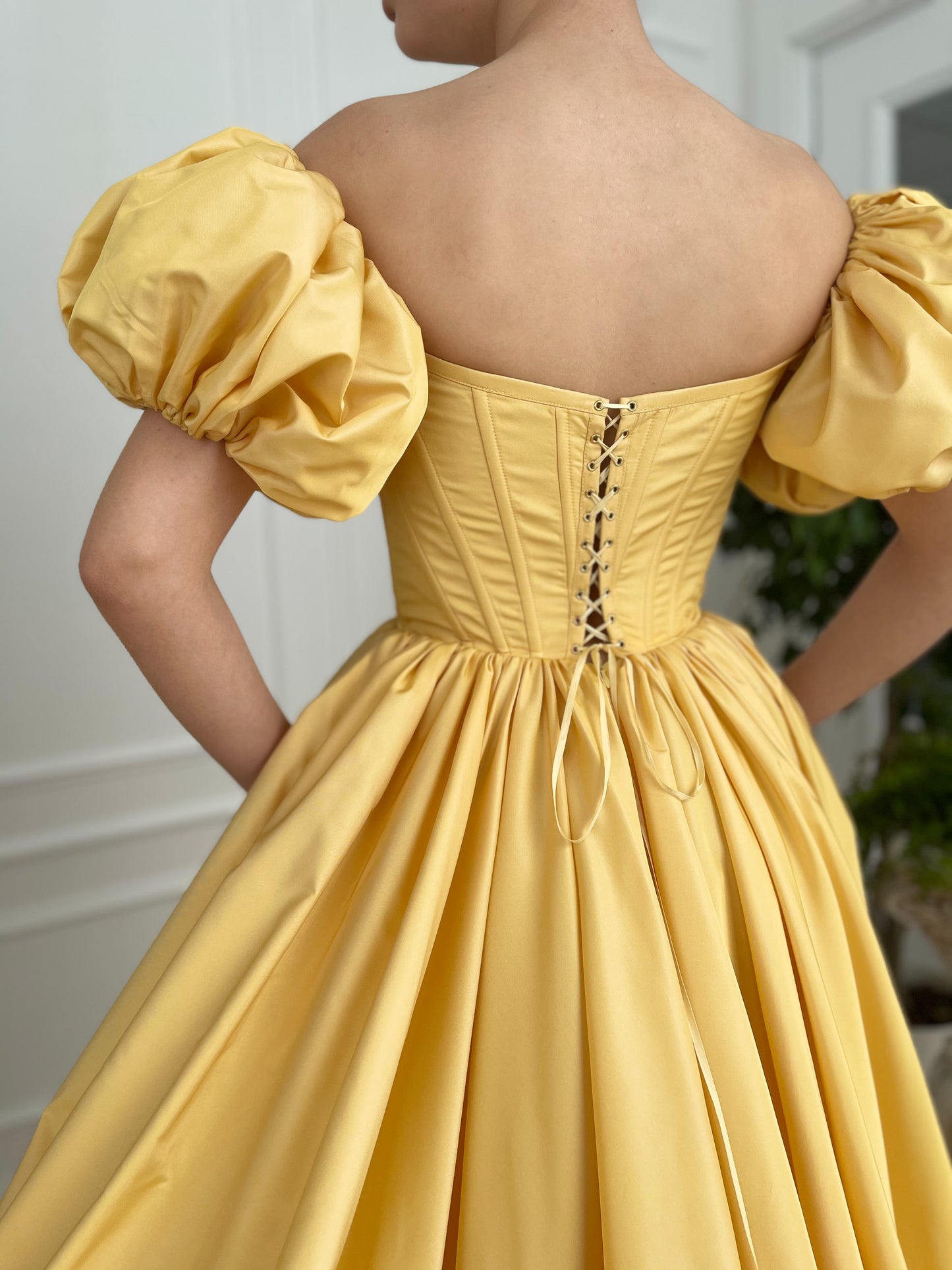 Yellow A-Line dress with off the shoulder sleeves