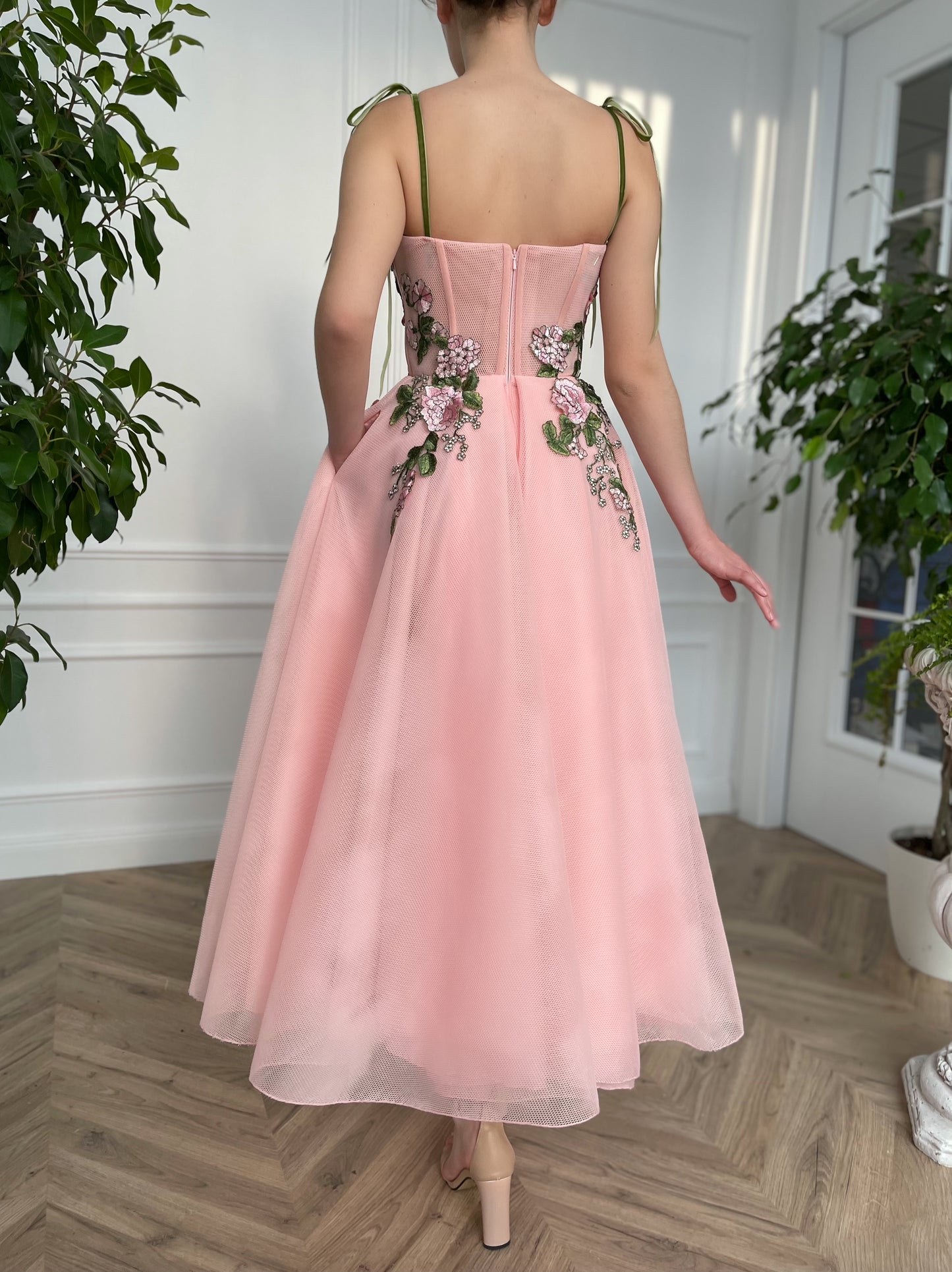 Pink midi dress with embroidery and spaghetti straps