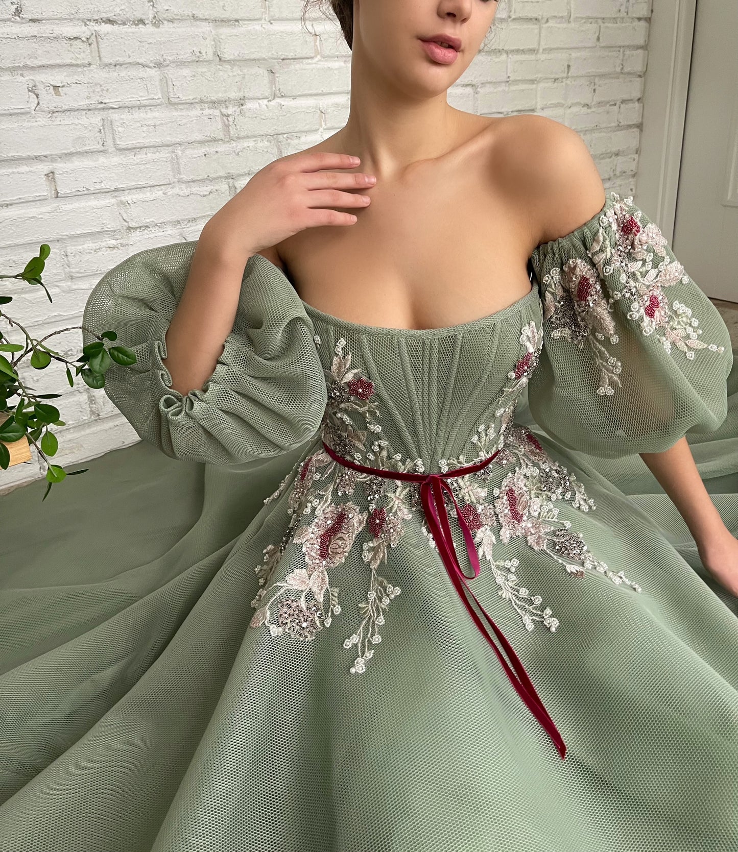 Green A-Line dress with off the shoulder sleeves and embroidery