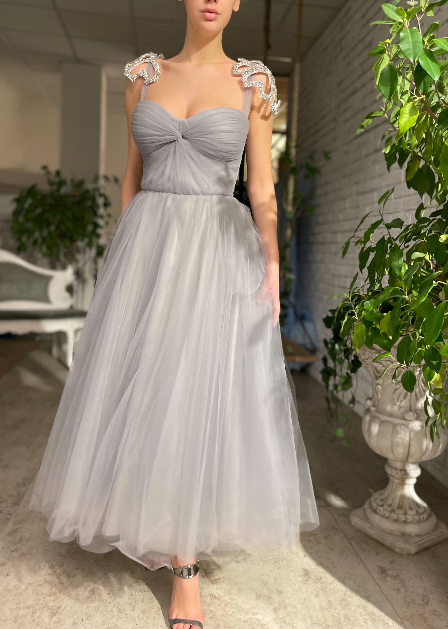 Grey midi dress with straps and embroidery