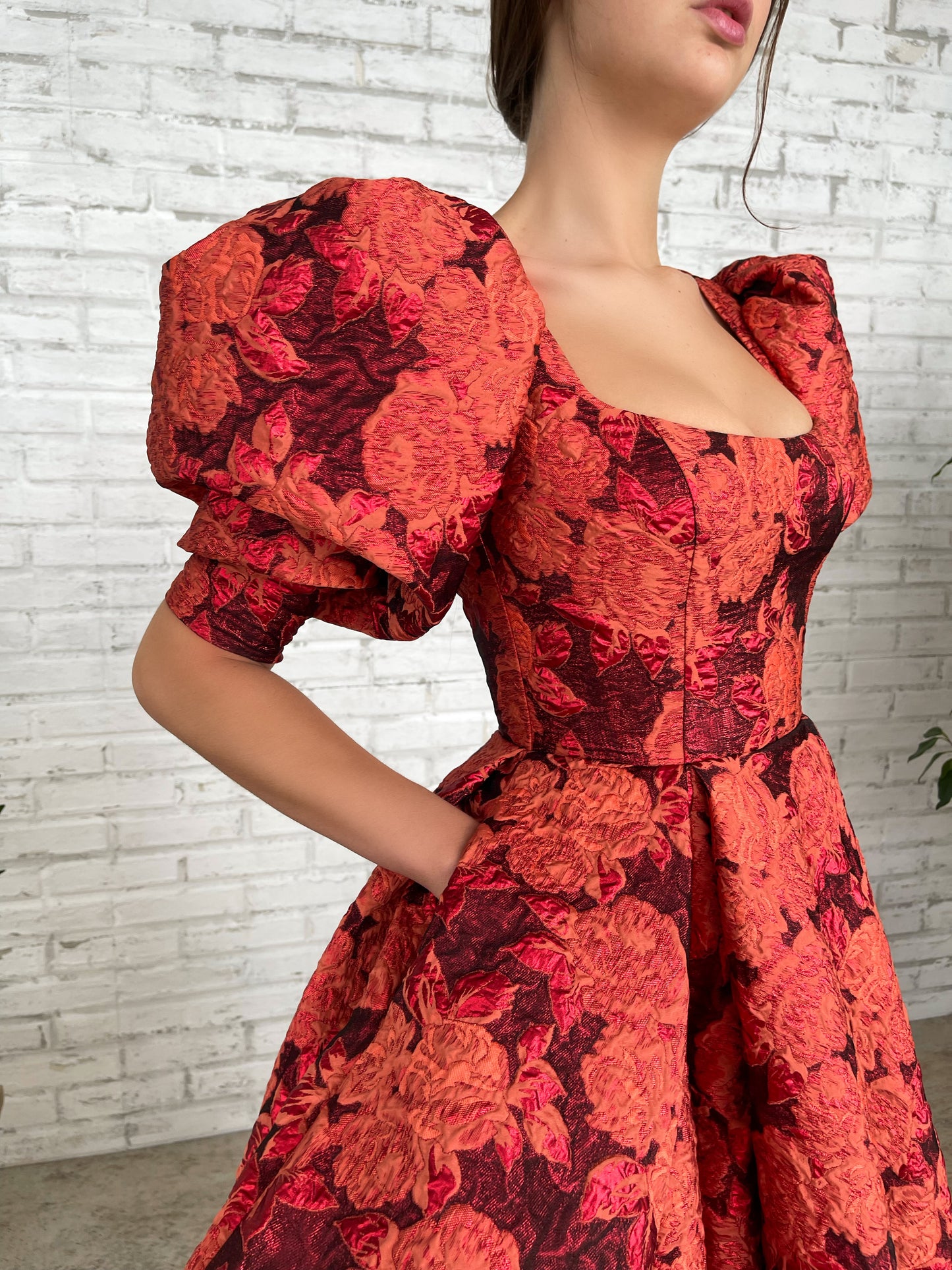 Red A-Line dress with short puff sleeves