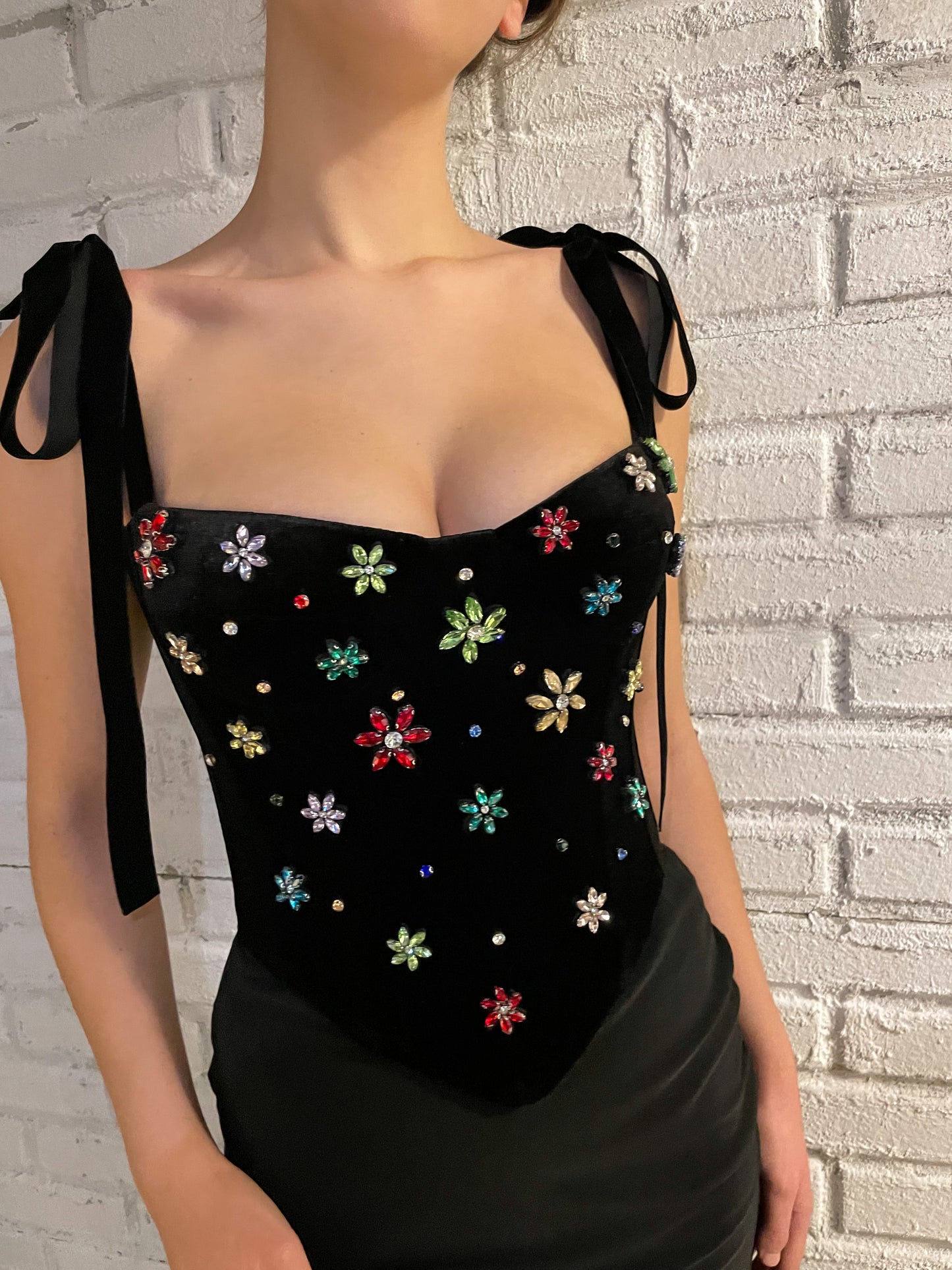 Black corset with bow straps and embroidery